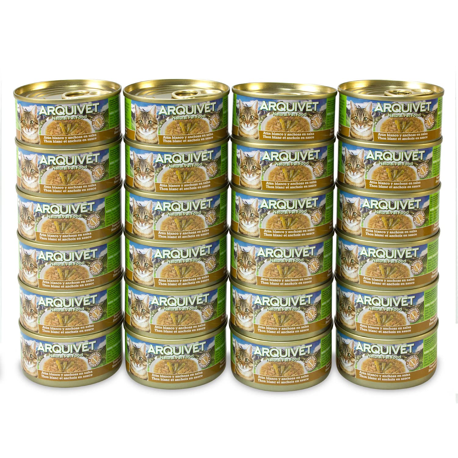 ARQUIVET Pack 24 unités. Thon blanc et anchois en sauce - Aliments gastronomiques à base d'ingrédients 100% naturels - Emballer 24 unités - 80 gr par unité - Aliments humides pour les chats
