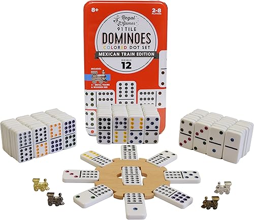 Miniatura 5 de Regal Games - Dominó de tren mexicano doble de alta calidad en lata de coleccionista - Juego de dominó de puntos de colores apto para familia 91