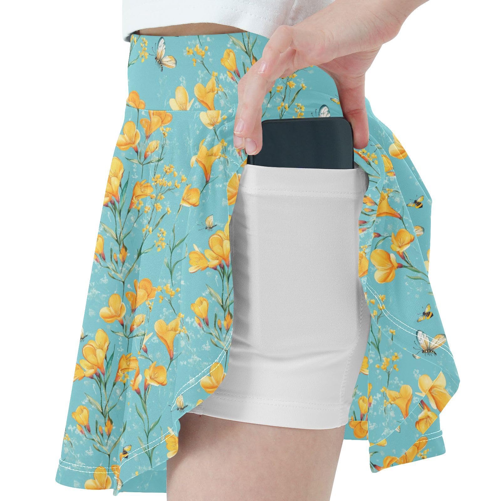 Floral Turquoise Flowy Girls Athletic Skorts with Built in Shorts Youth Cheer Skirt with Pockets Running Skirt for Little Girl