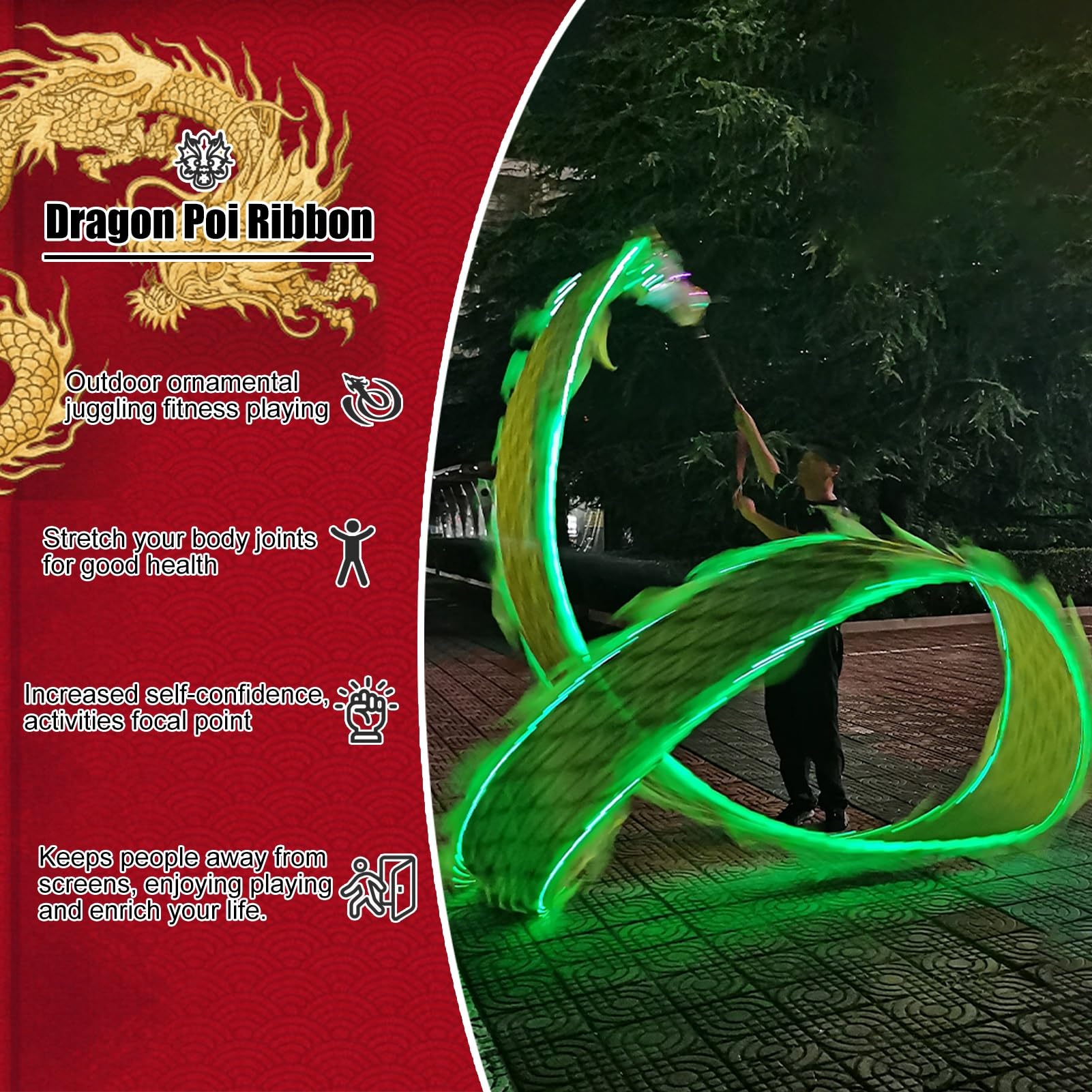 Jongliertücher Leuchtendes Drachen-Poi-Band, 3,0 M 5 M, Schleuderndes Seiden-Streamer-Spielzeug mit 3D-echtem Drachenkopf, Spiralförmig Schleudernde Wu-Lang-Kombination, Fließendes, Schüttelndes Poi(G