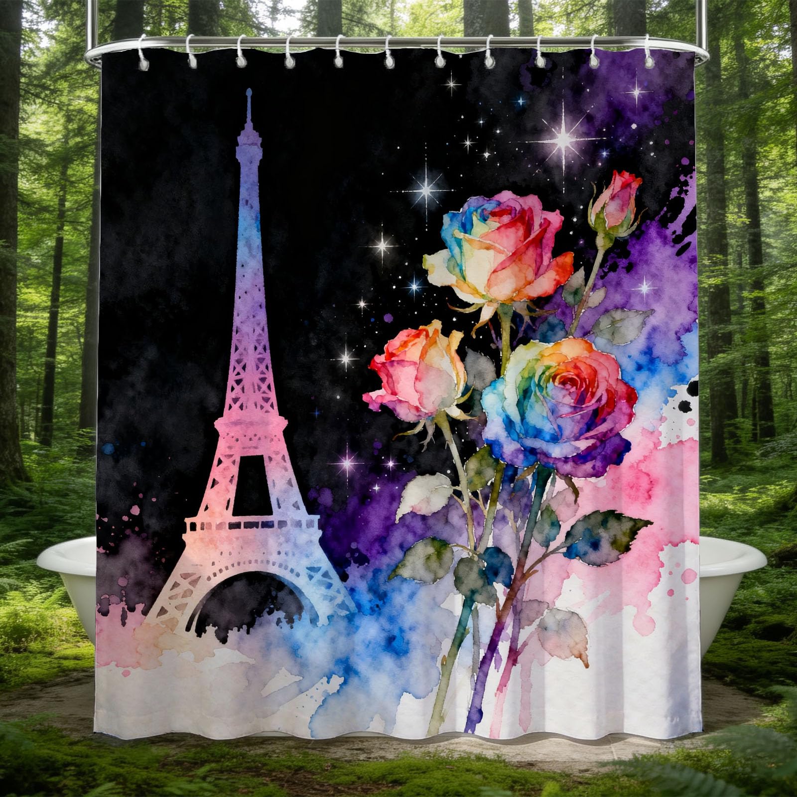 Hongduo 3D Watercolor Eiffel Tower Shower Curtain for Stalls Bathtubs Starry Sky Bathroom Decor Shower Curtain Set Polyester Fabric Waterproof 200x200cm/79X79 Inch with Hooks