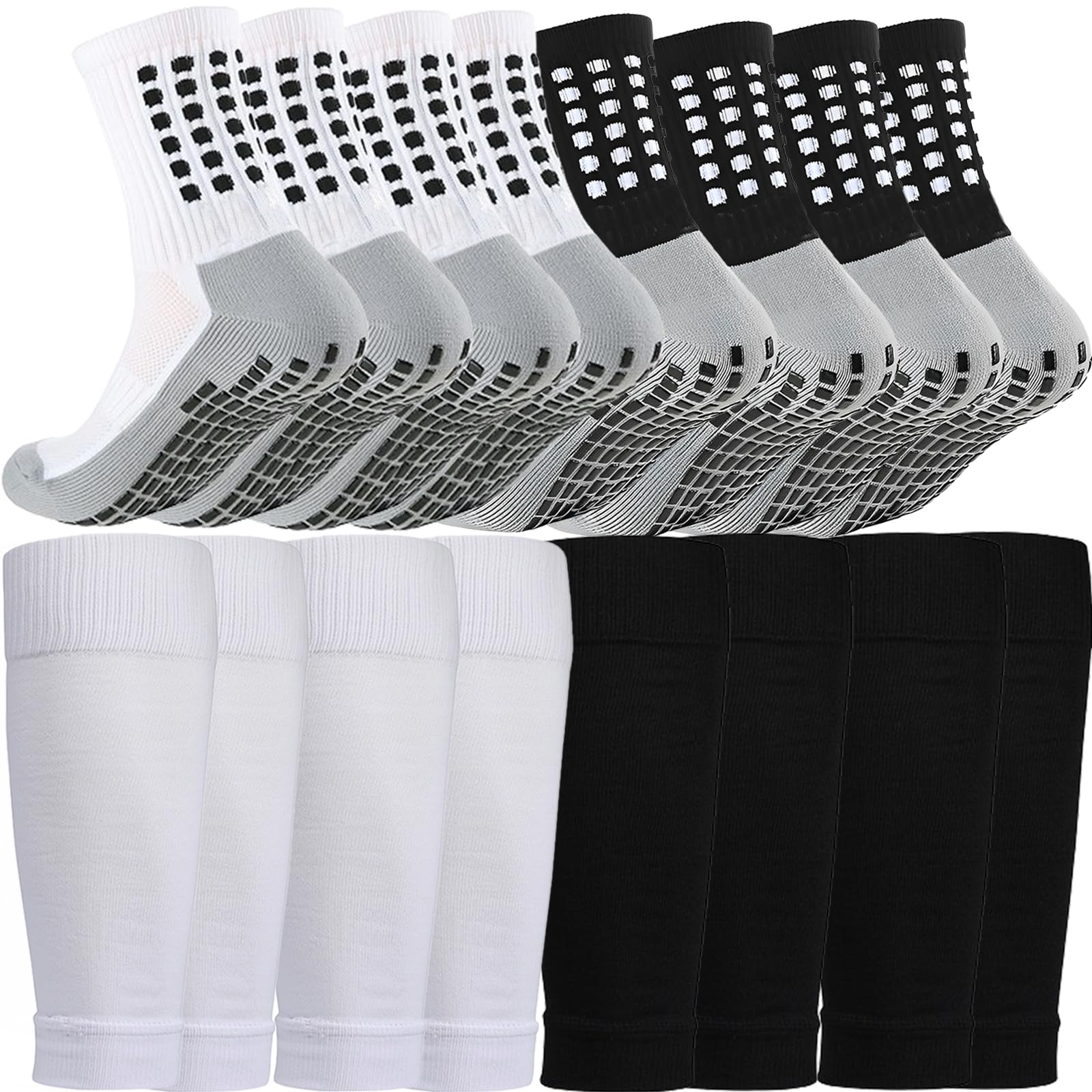 4 Set Soccer Grip Socks,Shin Guard Sleeves for Football Basketball for Men and Women Black/White One Size (4 Set (Black+White))-image-29