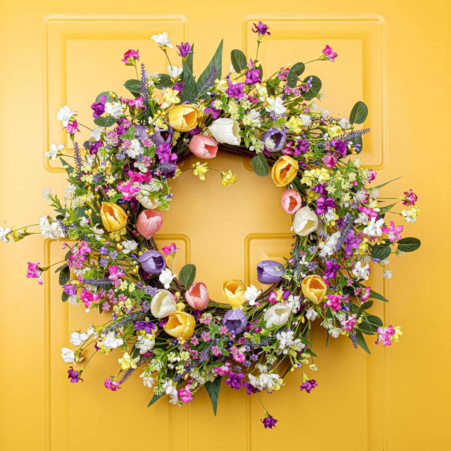 22 Inches Spring Wreaths for Front Door Rustic Summer Door Wreath Colorful Spring Floral Wreaths Farmhouse Easter Tulip Wreath for Window Front Porch Home Indoor Inside Outside Decoration