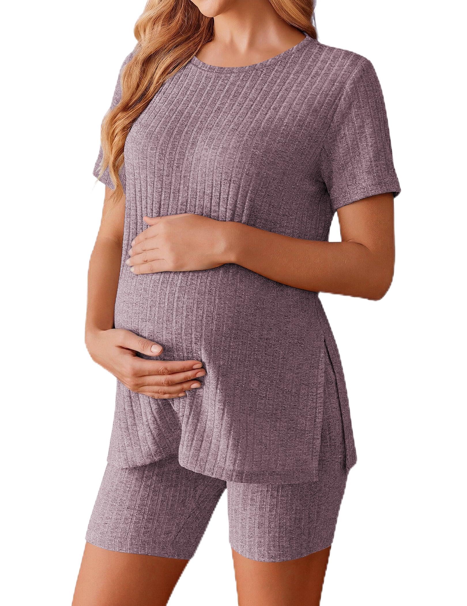 Ekouaer Women's Maternity 2 Piece Sets Short Sleeve Shirts and Biker Shorts
