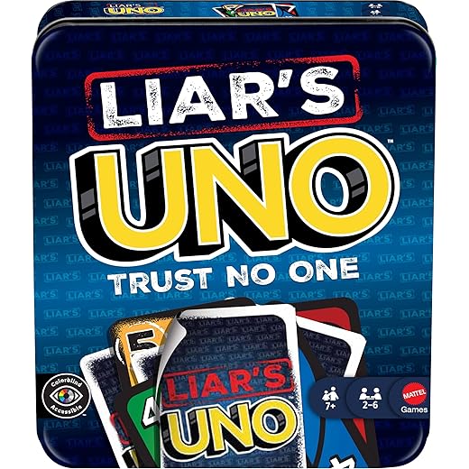 Mattel Games Liar’s UNO Card Game in Travel & Storage Tin for Adults, Kids, Families, Parties & Game Nights, Outwit Other Players with Bluffing & Trickery (Amazon Exclusive)