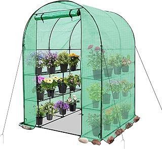EAGLE PEAK 3-Tier Walk in Portable Greenhouse with 8 Wire Shelves, Indoor and Outdoor Garden House with Roll Up Zipper Door and Windows, Easy Set Up, 56.3"x56.3"x76.8", Clear/Green PE Cover