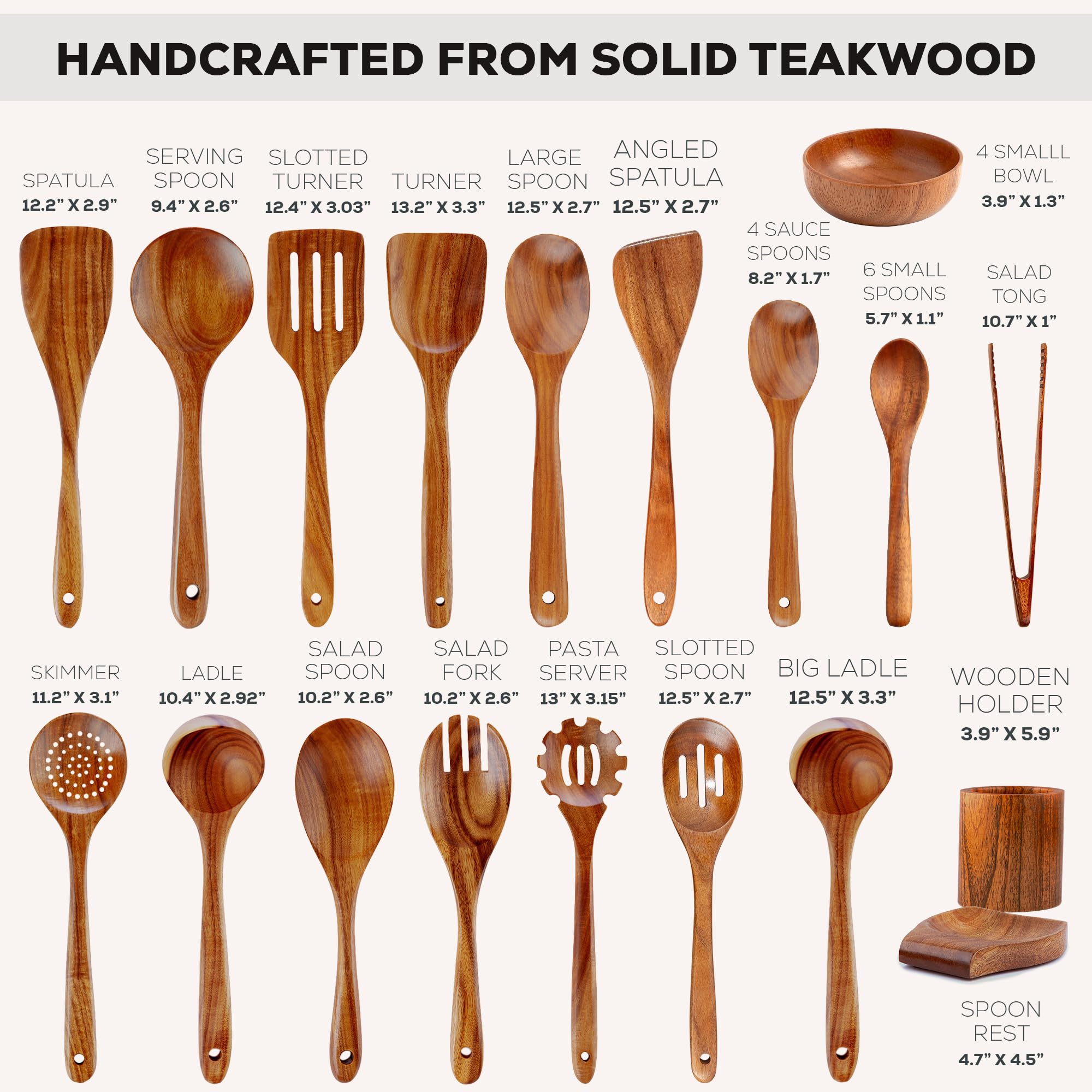 Zulay Kitchen 30 utensili in legno di teak per cucinare, set di utensili in teak naturale con confezione regalo di alta qualità, cucchiai in legno antiaderenti per cucinare, set regalo da cucina, set