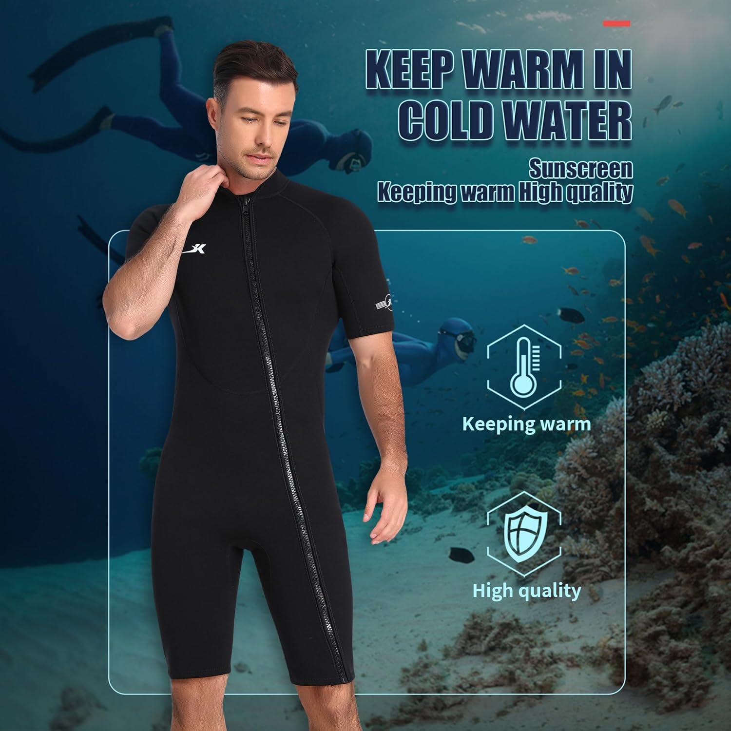 2mm Neoprene Shorty Wetsuit Mens with Front Zip, Diving Suits for Diving Snorkeling Surfing Swimming