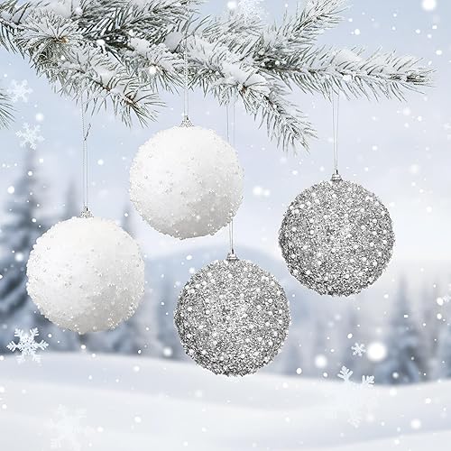 Vista 107 de Lyrow Juego de 24 adornos de bolas de Navidad con purpurina de 4 pulgadas, bolas de Navidad a granel, adornos colgantes de espuma de lentejuelas