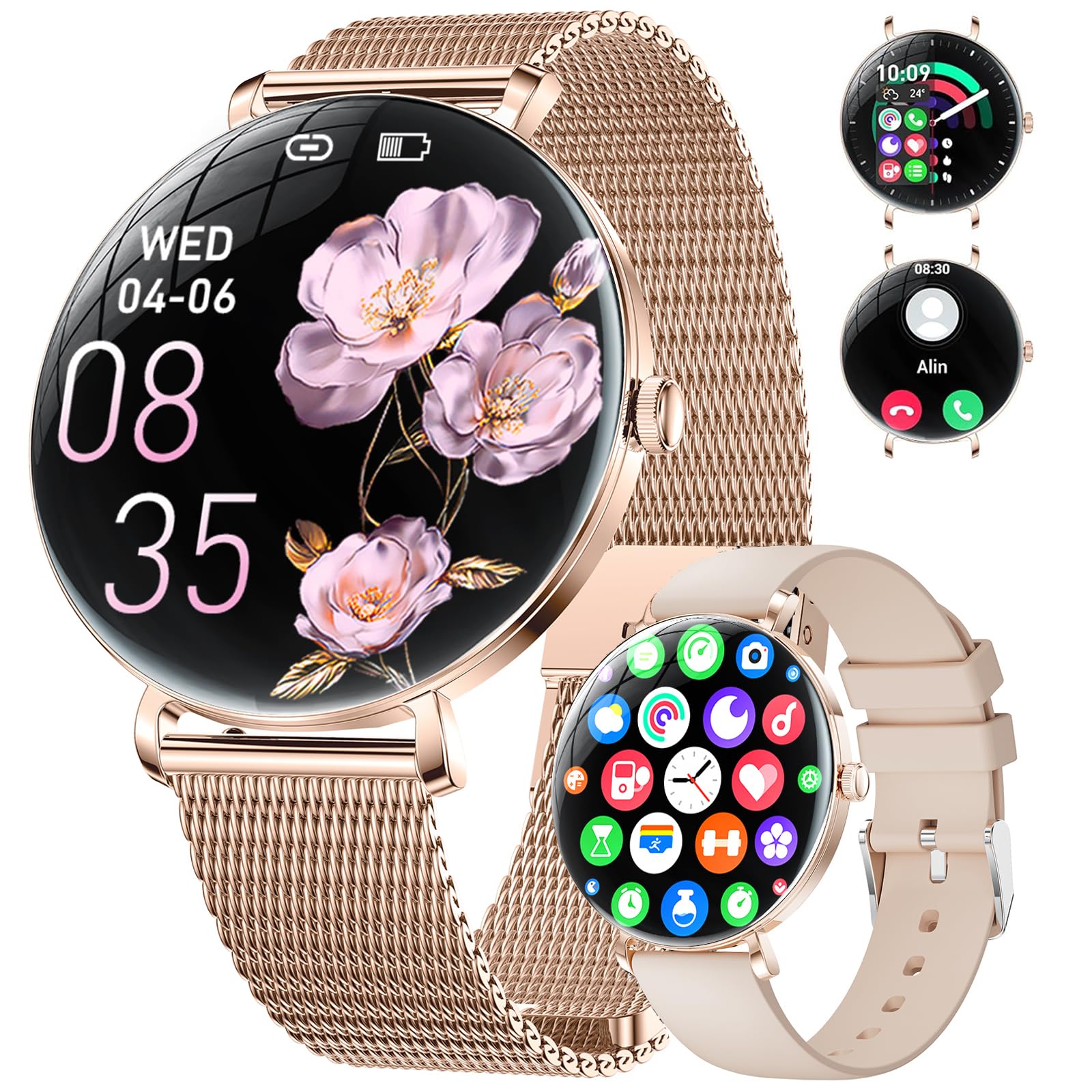 ESFOE Smartwatch Mujer,1.43'' Curva AMOLED Reloj Inteligente Mujer con Llamada Bluetooth,Función Femenina/24H Pulsómetro/Sueño/120+ Modo Deporte/IP68 Podómetro Calorías iOS Android,Oro Rosa Malla