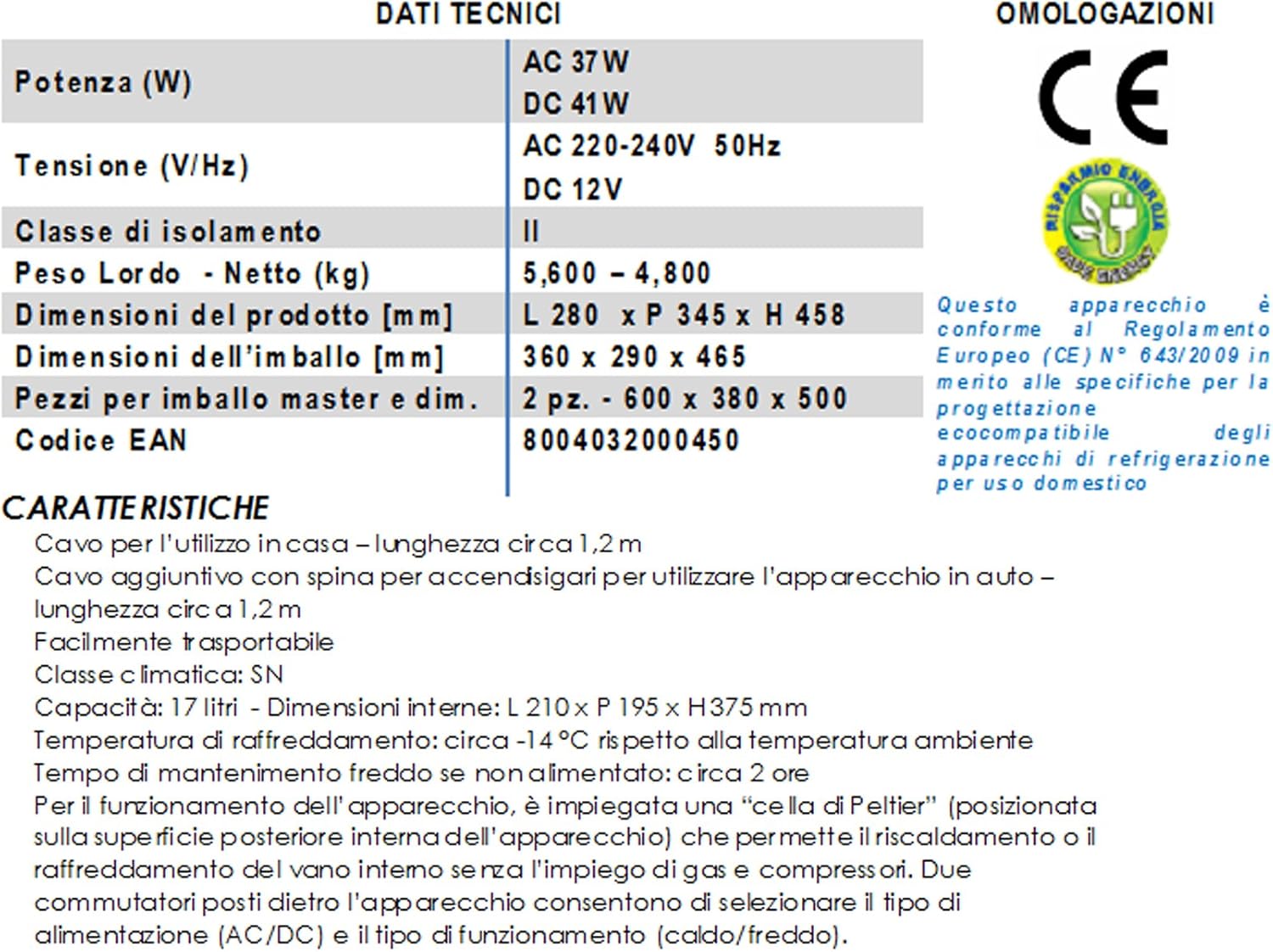 Technical data label for Ardes TK45A refrigerator
