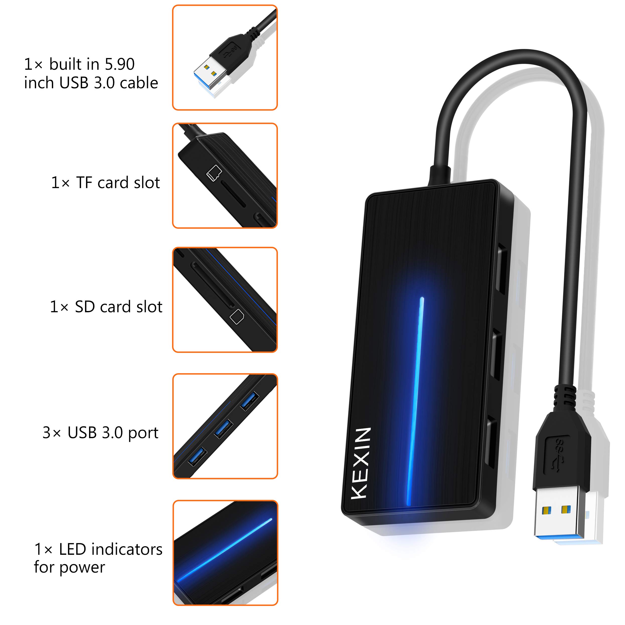 KEXIN USB Hub 3.0, Ultra Slim Data Hub 3Port USB 3.0 + SD&TF Card
