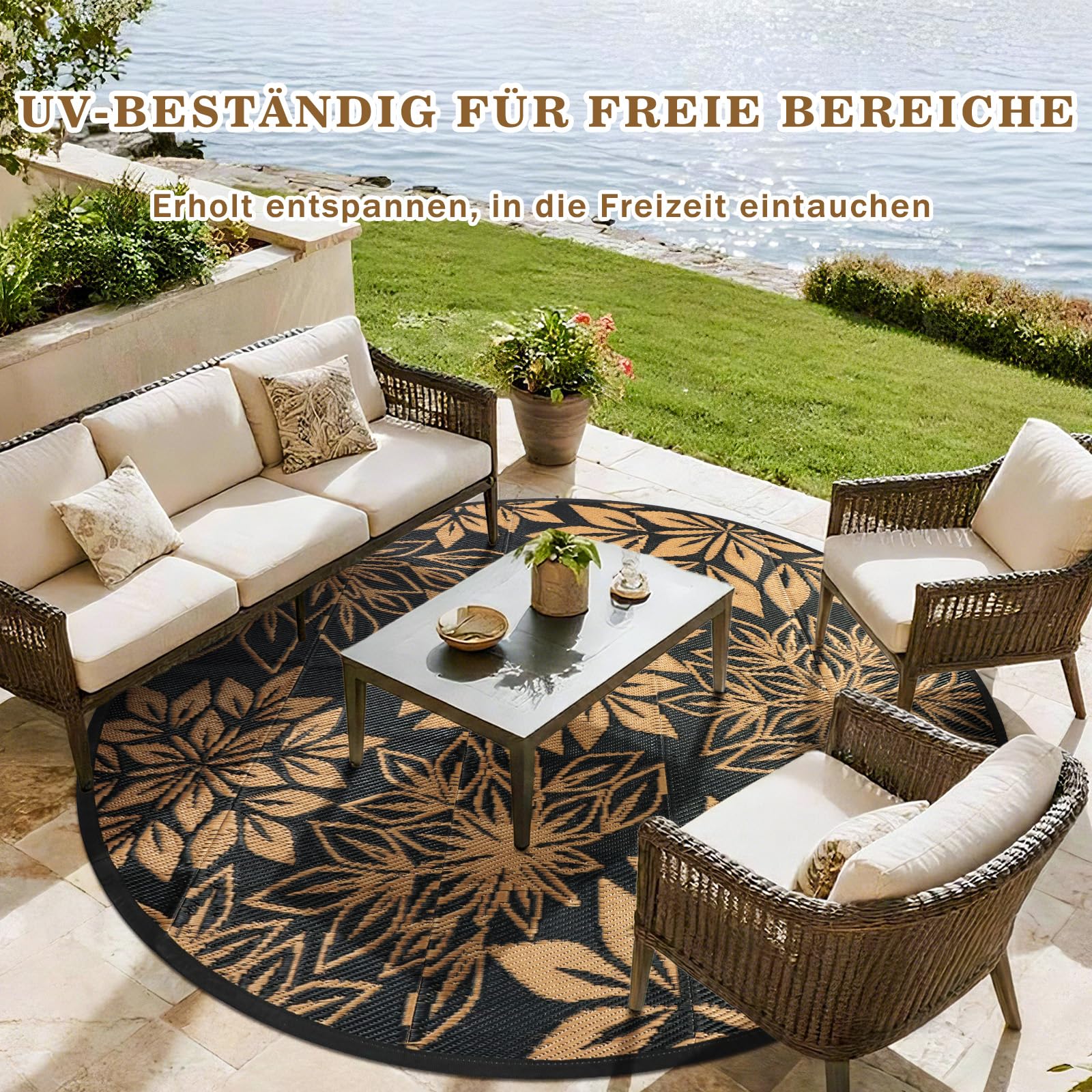 Outdoor Teppich Rund Schwarz 180 cm, Boho Wetterfest Wendbarer Outdoorteppich, Kunststoff Terrassenteppich, UV-beständige Teppich für Garten RV Camping Deck Balkon Patio Strand Picknick Schwarz