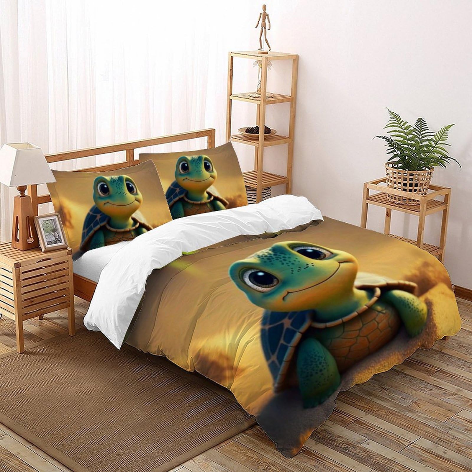 Housse de couette tortue 3D double 200x200 cm avec 2 taies d'oreiller pour enfant