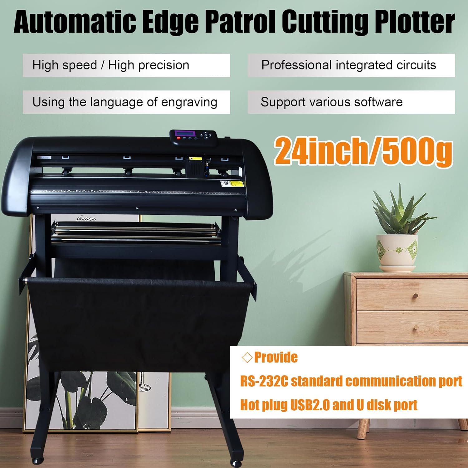 Vinyl Cutter Plotter 24 inch Automatic Edge Patrol 500g Cutting Plotter with LCD Display Plotter DIY Vinyl Printer Cutter Machine with USB2.0 and U Disk Port Adjustable Force and Speed 110V