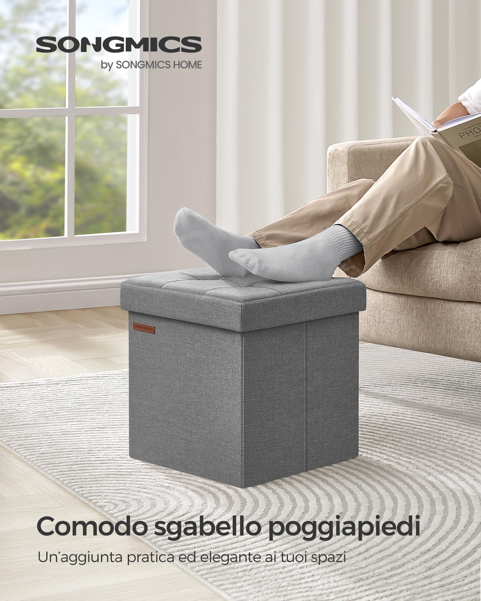 SONGMICS Pouf Contenitore da 38 cm, Cassapanca Pieghevole, Panca Contenitore, Poggiapiedi, per Camera da Letto Ingresso Soggiorno, Grigio Cenere LSF027G12