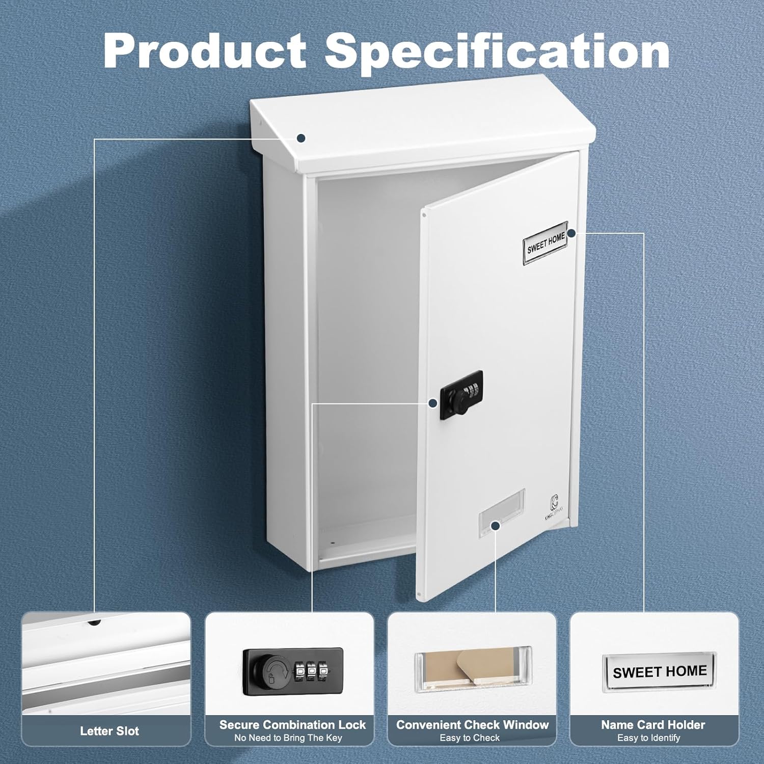 KINGCEPHAS Wall-Mounted Mailbox with Combination Lock,Suggestion Box, Square & Upright Capacity, Waterproof Postbox, High Rust Resistance Letterbox, Mailboxes for Outside (White)