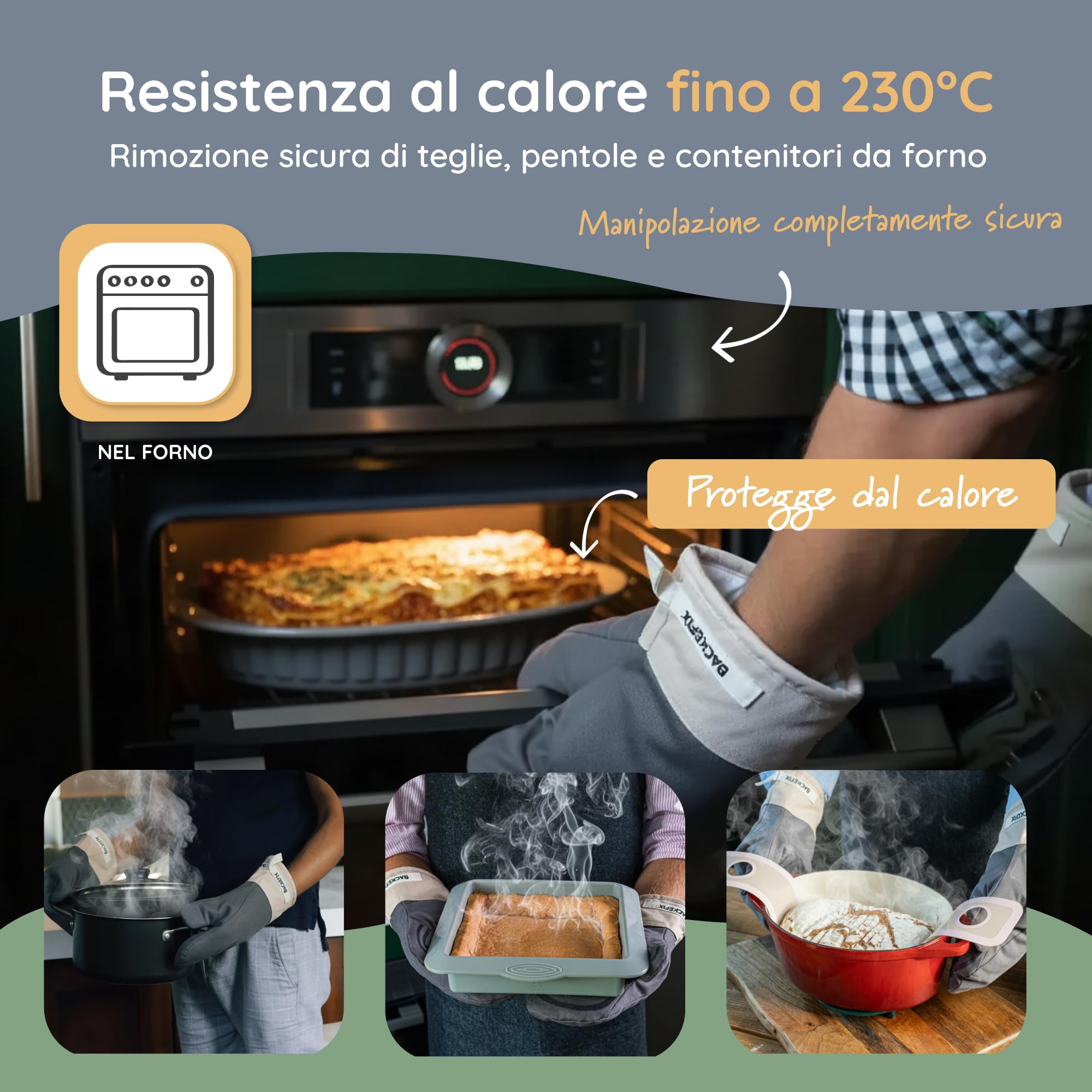 Guanti da forno Backefix con motivo in silicone – un paio di guanti da forno resistenti al calore fino a 250°C, antiscivolo, in cotone, sostenibili, lavabili, comodi e senza plastica