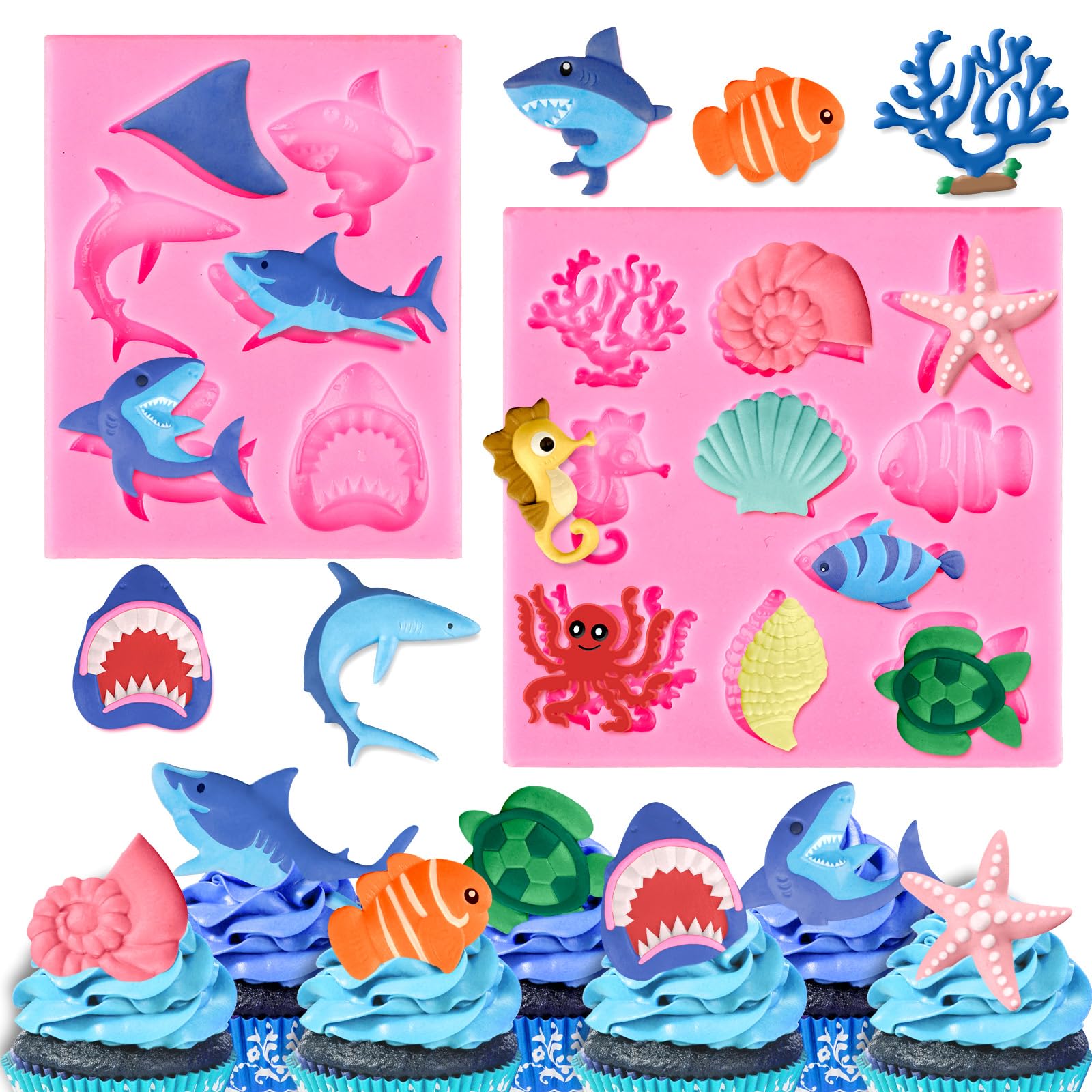 Whaline 2 Pack Ocean Shark Fondant Mold Mini Silicone Sea Animal Mould Shell Starfish Octopus Turtle Chocolate Candy Mold for Cupcake Cake Topper