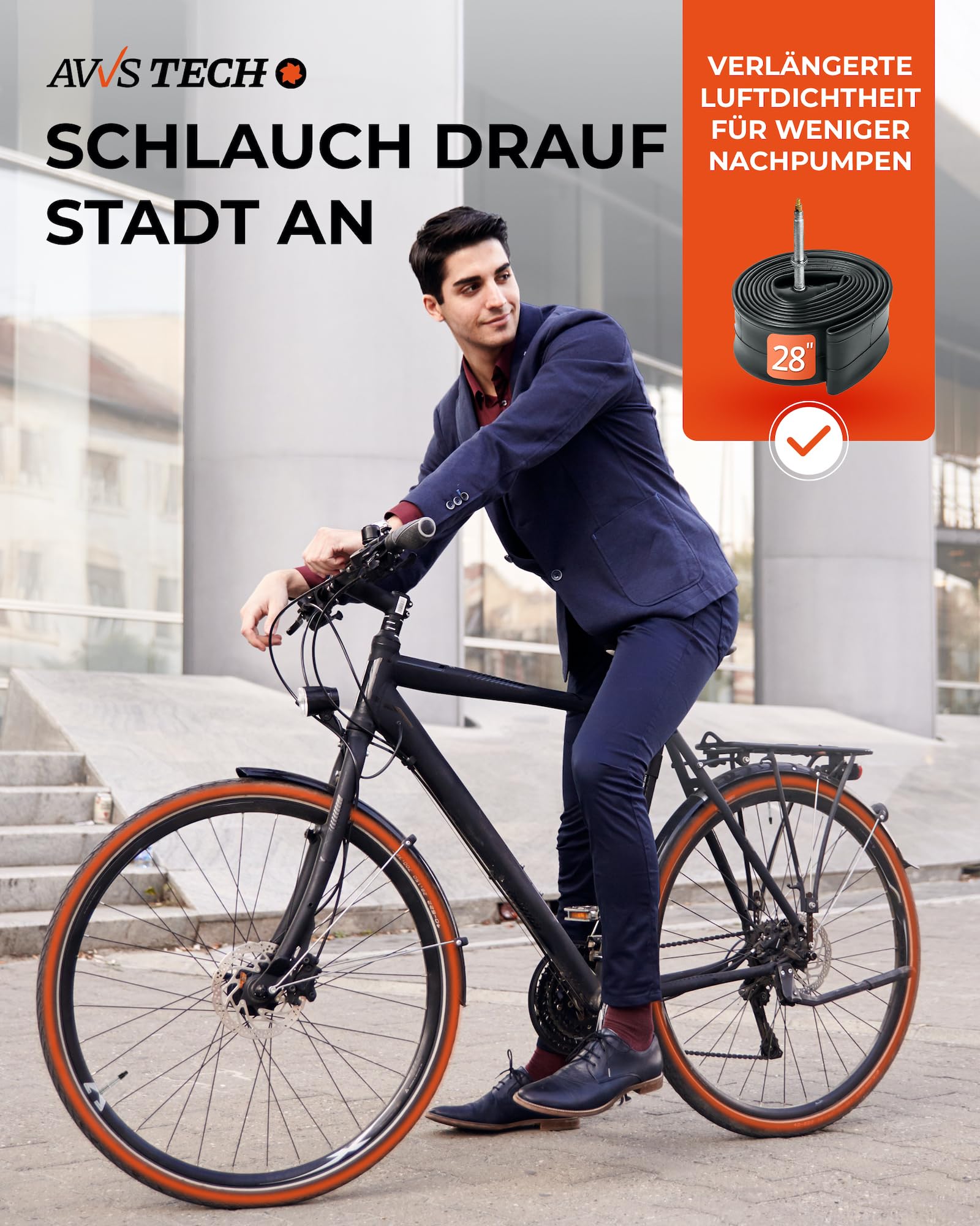 28x1.2-1.75 Camera bici strada, trekking, città 28 con valvola Auto 40 mm AV | 1 pezzo + 2 leve | Compatibile con ruote 28 | AVVS Tech