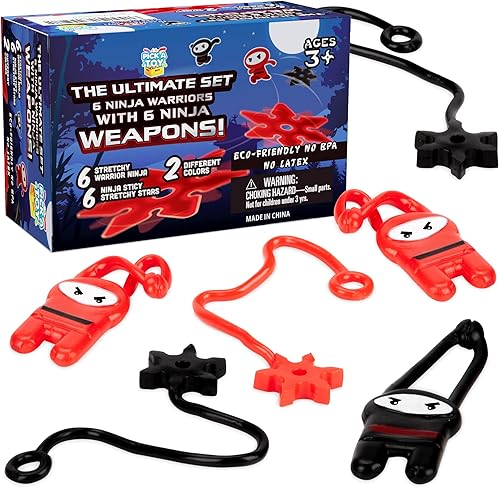 PICK A TOY Juego de 12 juguetes ninja con ninjas voladores elásticos y coloridas tirachas de estrellas, flexible y pegajoso, divertidos recuerdos de