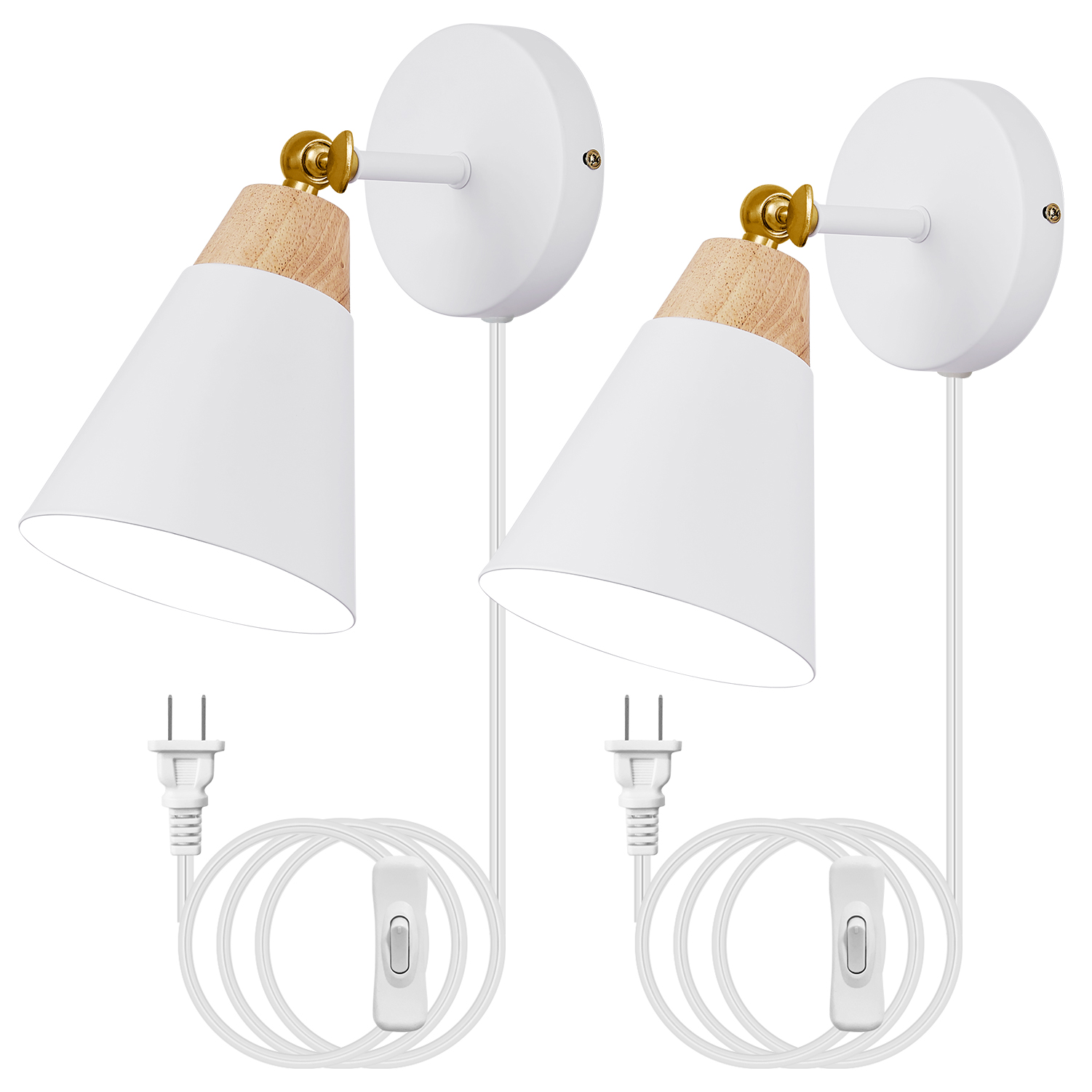 Image of Wall Sconce Set of 2, Wall Sconce with Metal Shade, Plug Switch, Indoor Decor Wall Mount Swing Arm Lamp for Bedroom,Hallway,Living Room,Reading, White
