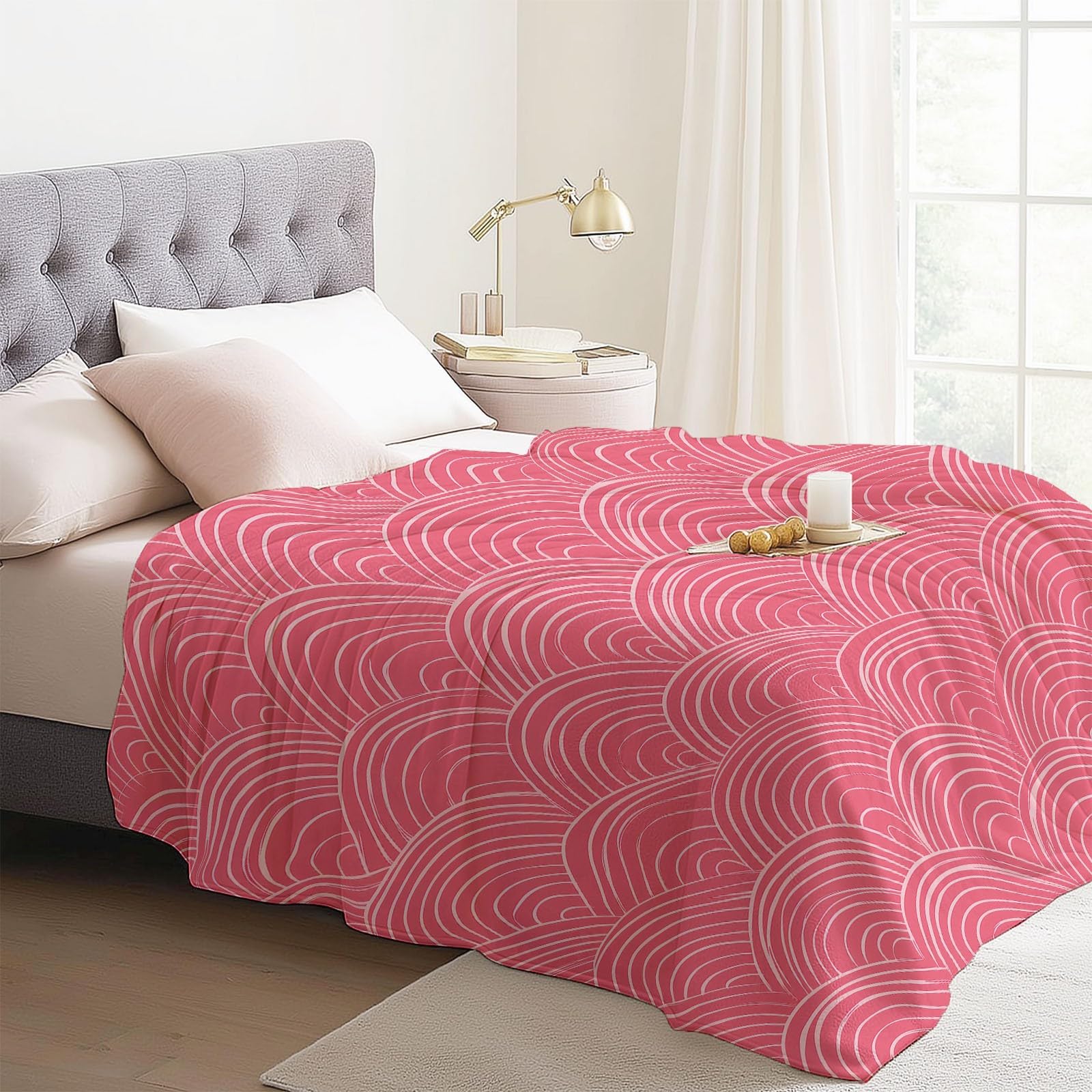 Minimalistyczny koc flanelowy, miękki i puszysty koc w kratę różowe fale, na każdą porę roku koce z nadrukiem różowy z nadrukiem na sofę fotel do łóżka, 150x200 cm