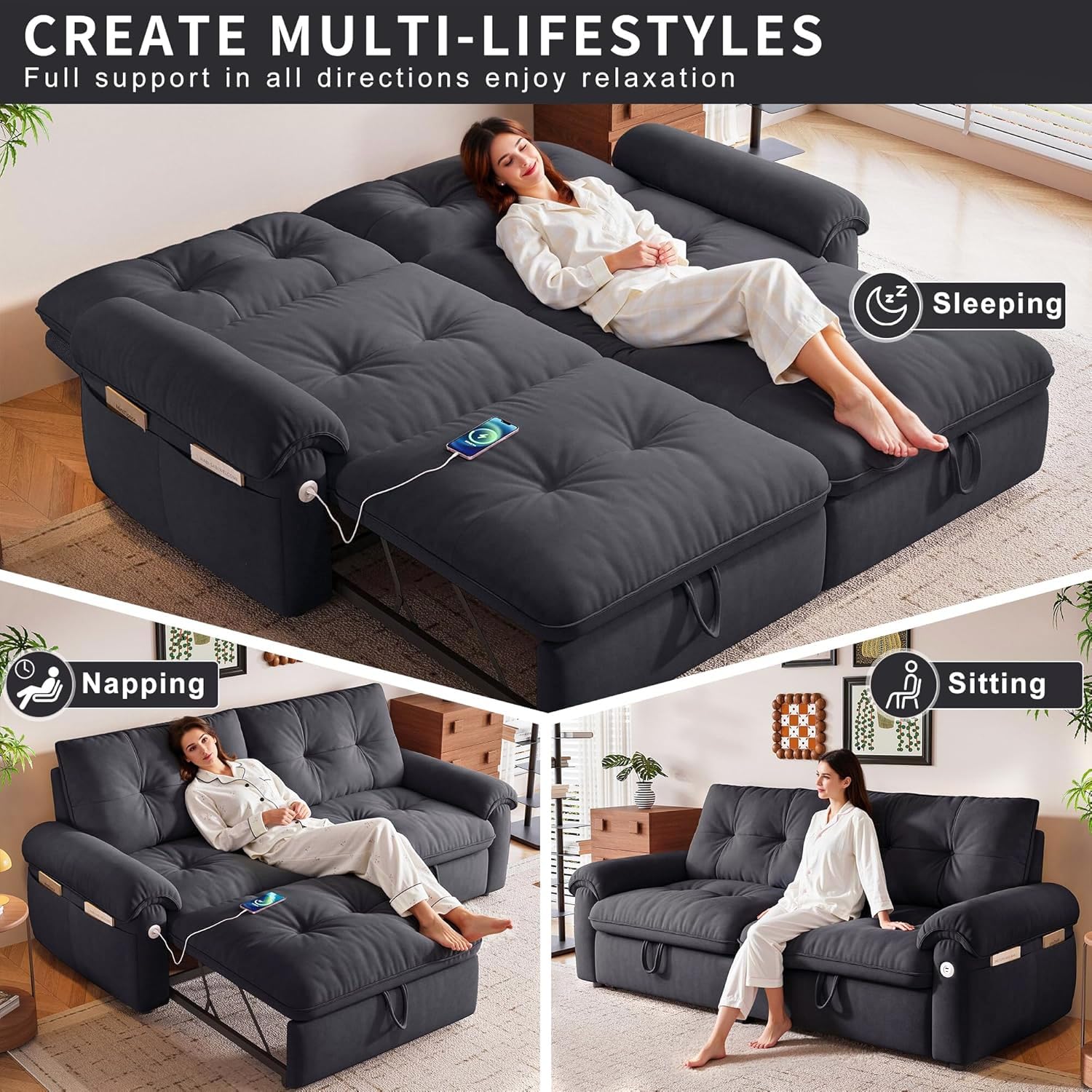 77" Queen Size Sofa Bed, 3-in-1 Convertible Sleeper Sofa Bed with Adjustable Backrest, Modern Velvet Couch with Side Pocket and USB Ports, for Living Rooms, Bedrooms, Small Spaces (Grey, 77.2inch)