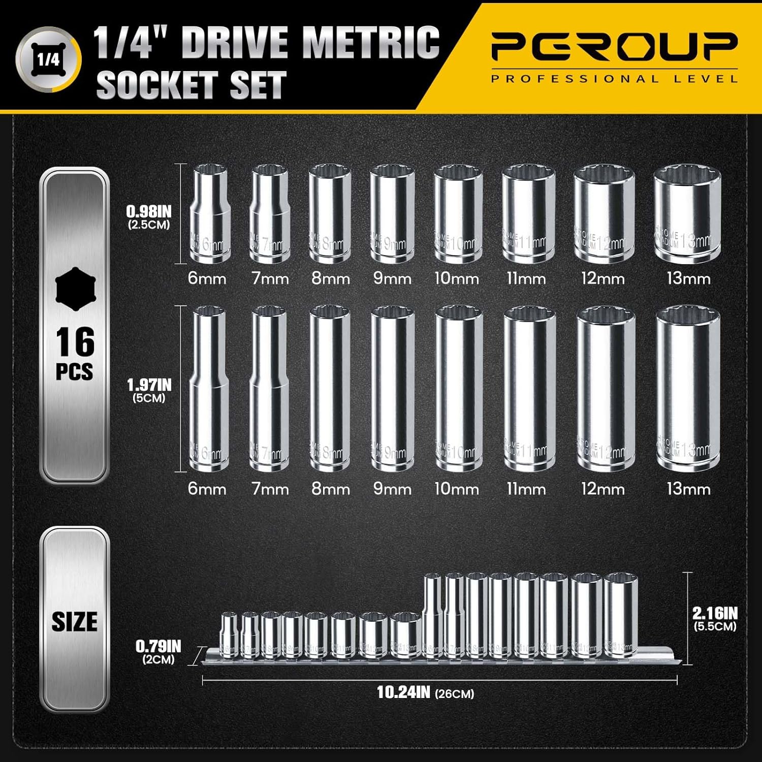 16PCS 1/4" Drive Socket Set, 12-Point Deep Shallow Sockets, Metric Size (6mm, 7mm, 8mm, 9mm, 10mm, 11mm, 12mm, 13mm), Equipped with Storage Holder, Chrome Vanadium Steel