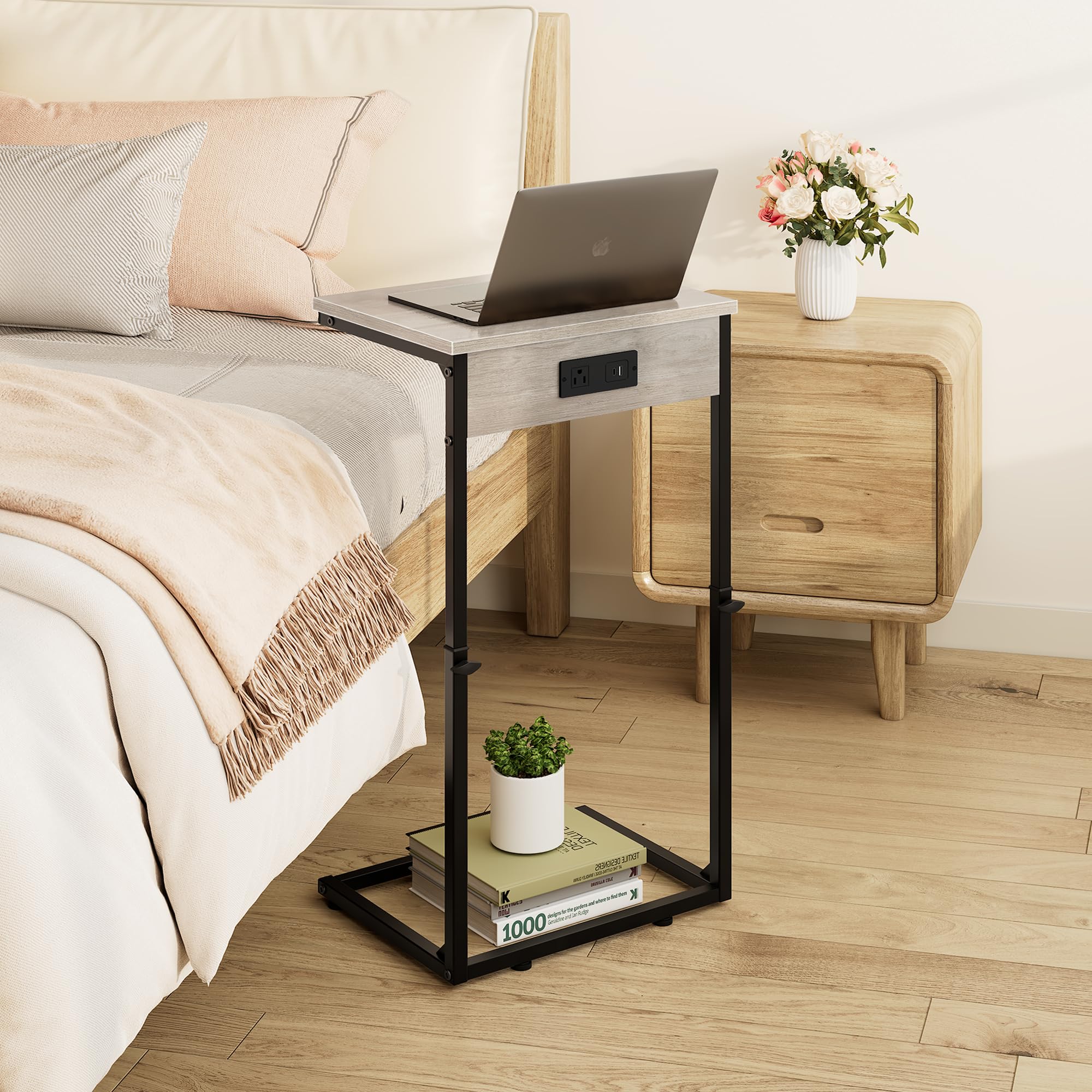 Vagusicc Beistelltisch C Form mit Steckdose, Höhenverstellbar 52-85 cm, mobiler Kaffeetisch, Wohnzimmertisch mit Metallgestell, Couchtisch, Laptoptisch, Nachttisch für Schlafzimmer, Wohnzimmer, Grau