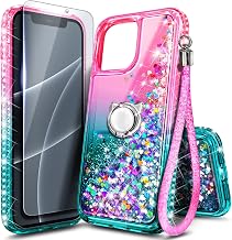 NGB Designed for iPhone 15 Case, Cute Liquid Glitter Pink/Aqua | Tempered Glass Screen Protector, Ring Holder, and Wrist Strap Included