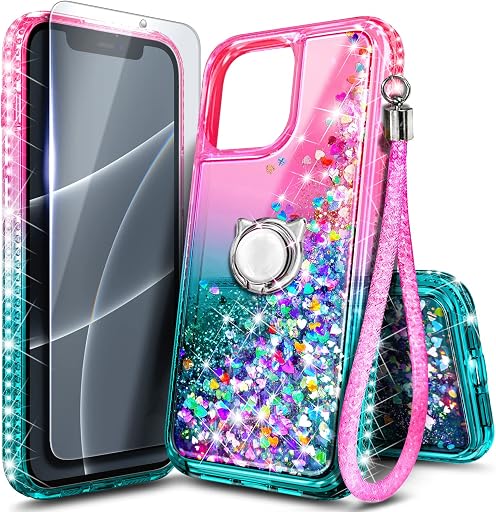 NGB Designed for iPhone 15 Case, Pink/Aqua | Glitter Liquid Sparkle Cute Cover for Women Girls Kids | with Tempered Glass Screen Protector & Ring Holder & Wrist Strap | with Tempered Glass Screen Protector