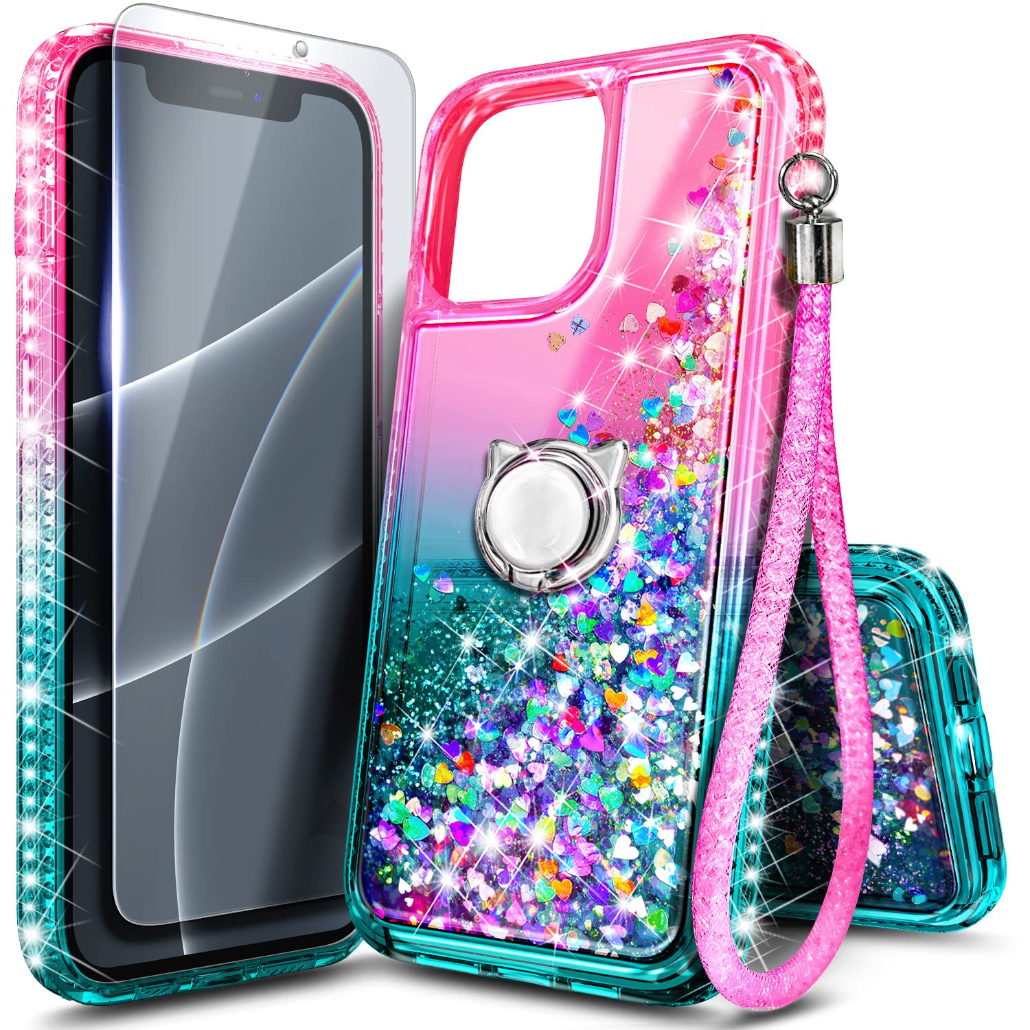 NGB Designed for iPhone 15 Case, Cute Liquid Glitter, Pink/Aqua