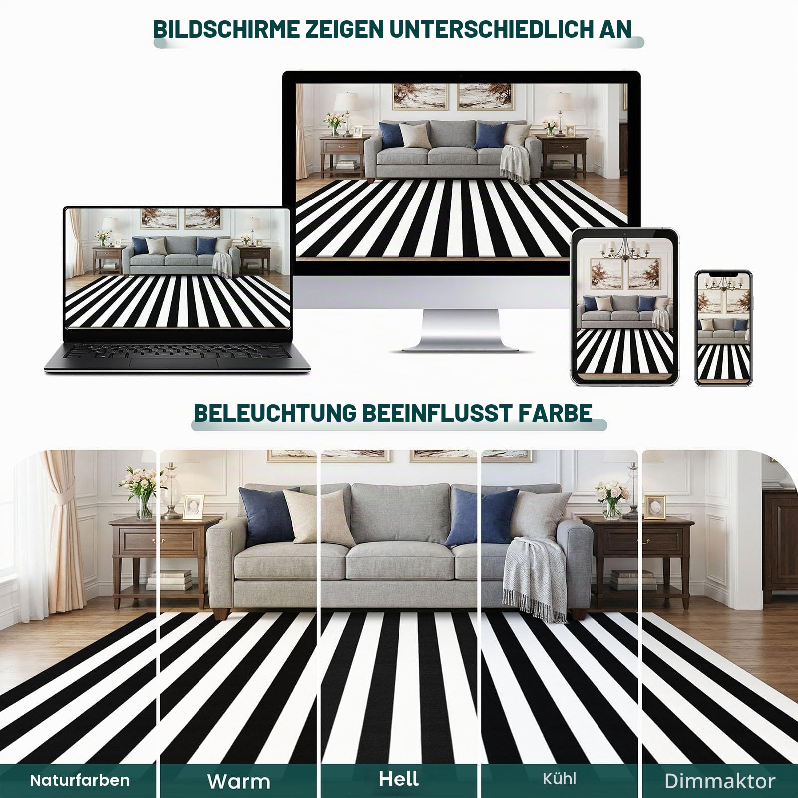 Schwarz und Weiß gestreifter Teppich, 122 x 182 cm, Baumwolle, gewebt, waschbar, Retro-Gitter-Streifen, Outdoor-Teppich, für Bauernhaus, Wohnzimmer, Esszimmer, Schlafzimmer