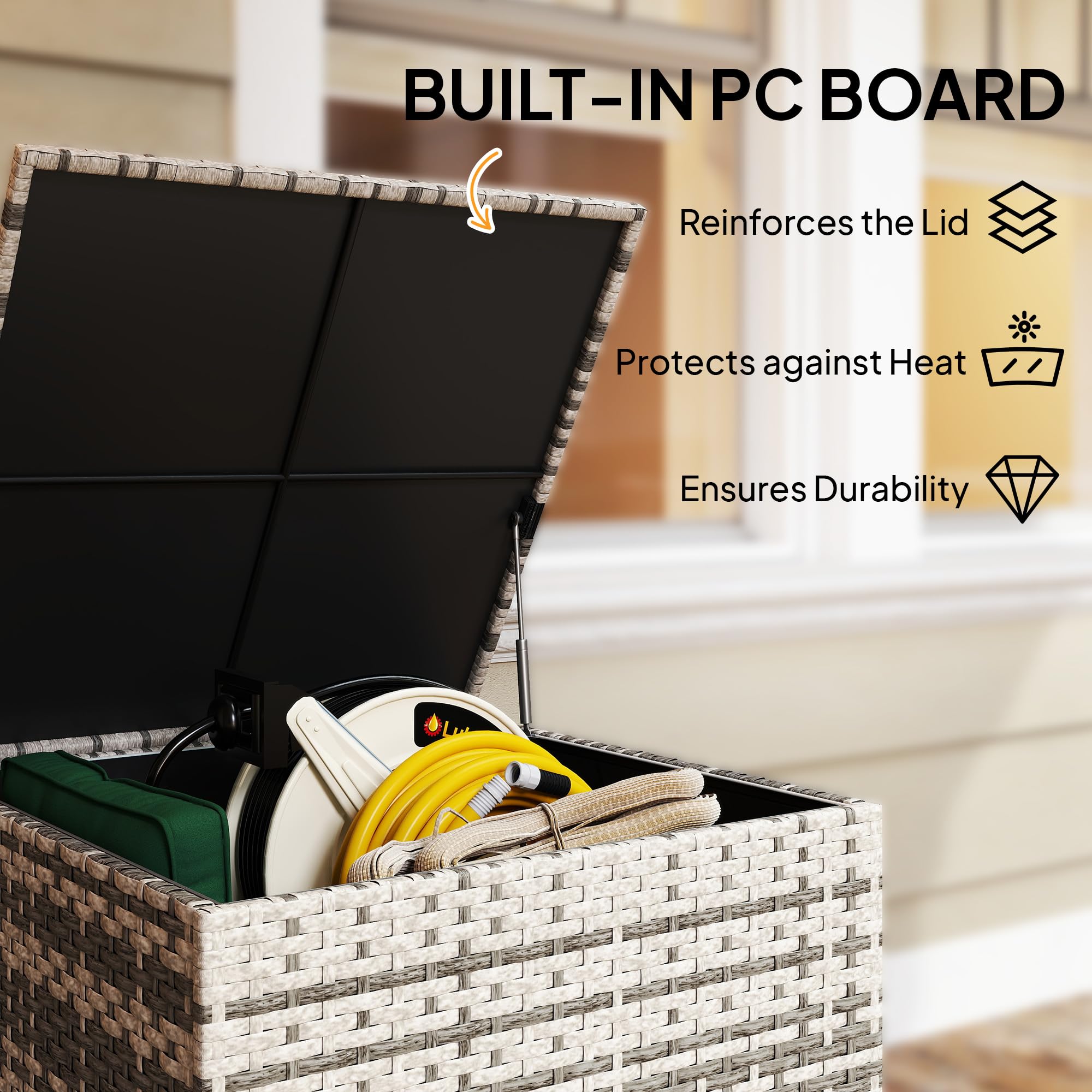 Outsunny 253L Garden Storage Box, Rattan Deck Box with Waterproof Zipped Liner, Safe Pneumatic Rod, Patio Rattan Storage Container for Backyard Gardening Tools, Mixed Grey — view 5