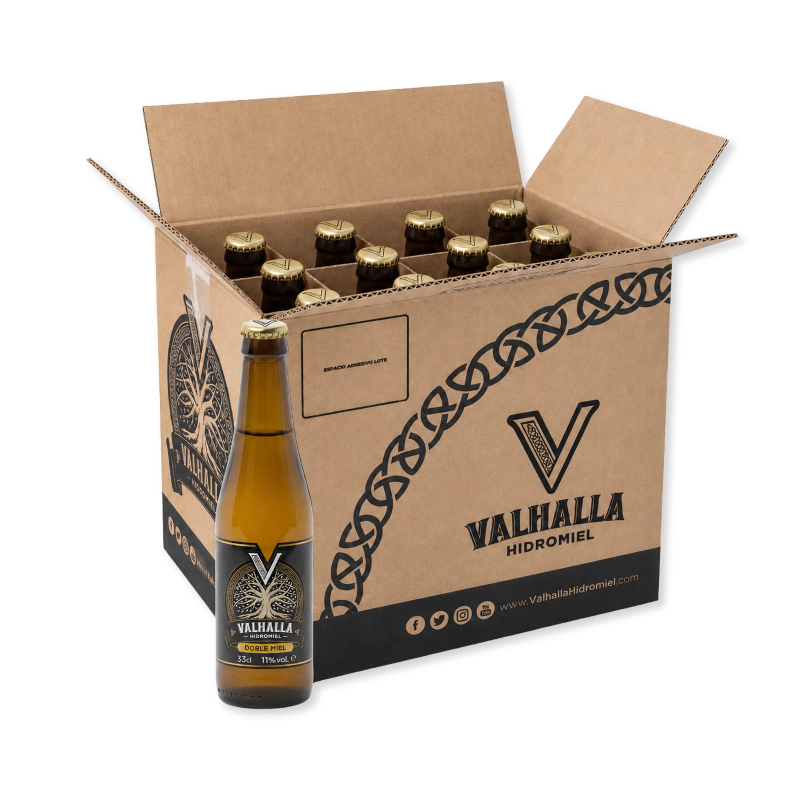 Valhalla Hidromiel Doble Miel | Cerveza Artesanal Estilo Show Mead Dulce | Bebida Natural con Aroma de Higos Pasas y Flores | Caja 12 Botellines 33cl | Sin Gluten ni Sulfitos | 11% Grados Alcohol