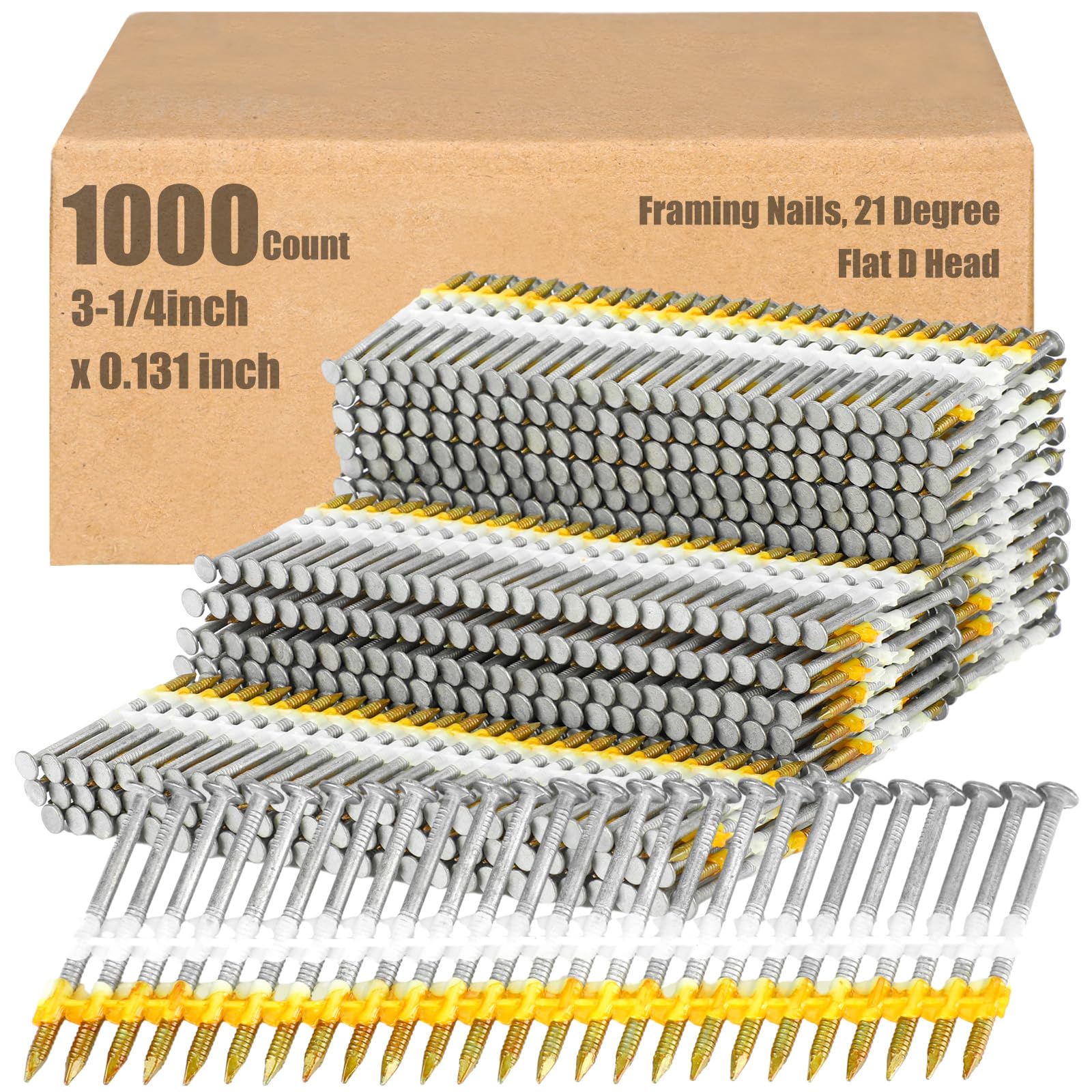 Therwen Framing Nails, 21 Degree, Flat D Head, Galvanized, Ring Shank, Plastic Row Fixed, 21 Degree Framing Nails for Use in All Pressure Treated