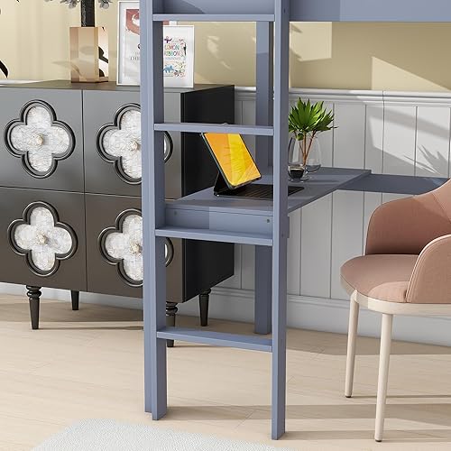 Miniatura 5 de Bellemave Cama alta individual con escritorio, cama alta para niños, marco de cama alta de madera, escritorio y escalera integrados, gris