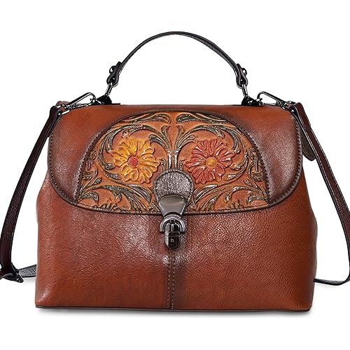 Genuine Leather Satchel for Women Top Handle Bags Handmade Purse Vintage Embossed Leather Crossbody Handbags Hobo Bag