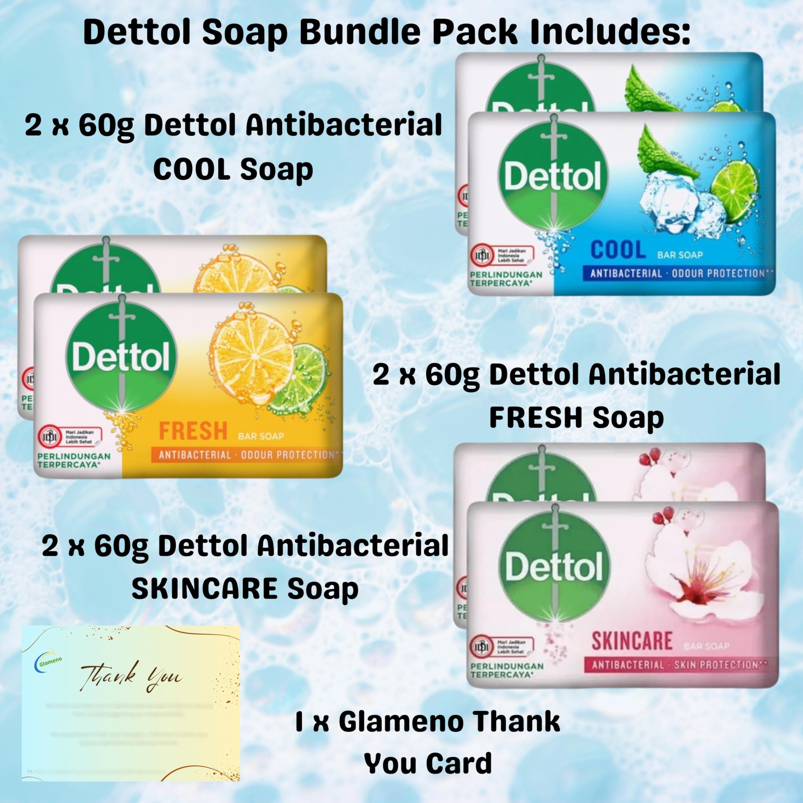 Antibacterial Soap Bundle with 6 Pack Soap Bars (Fresh, Cool and Skincare) 2 x 60g each and Glameno Thank You Card - Image 2