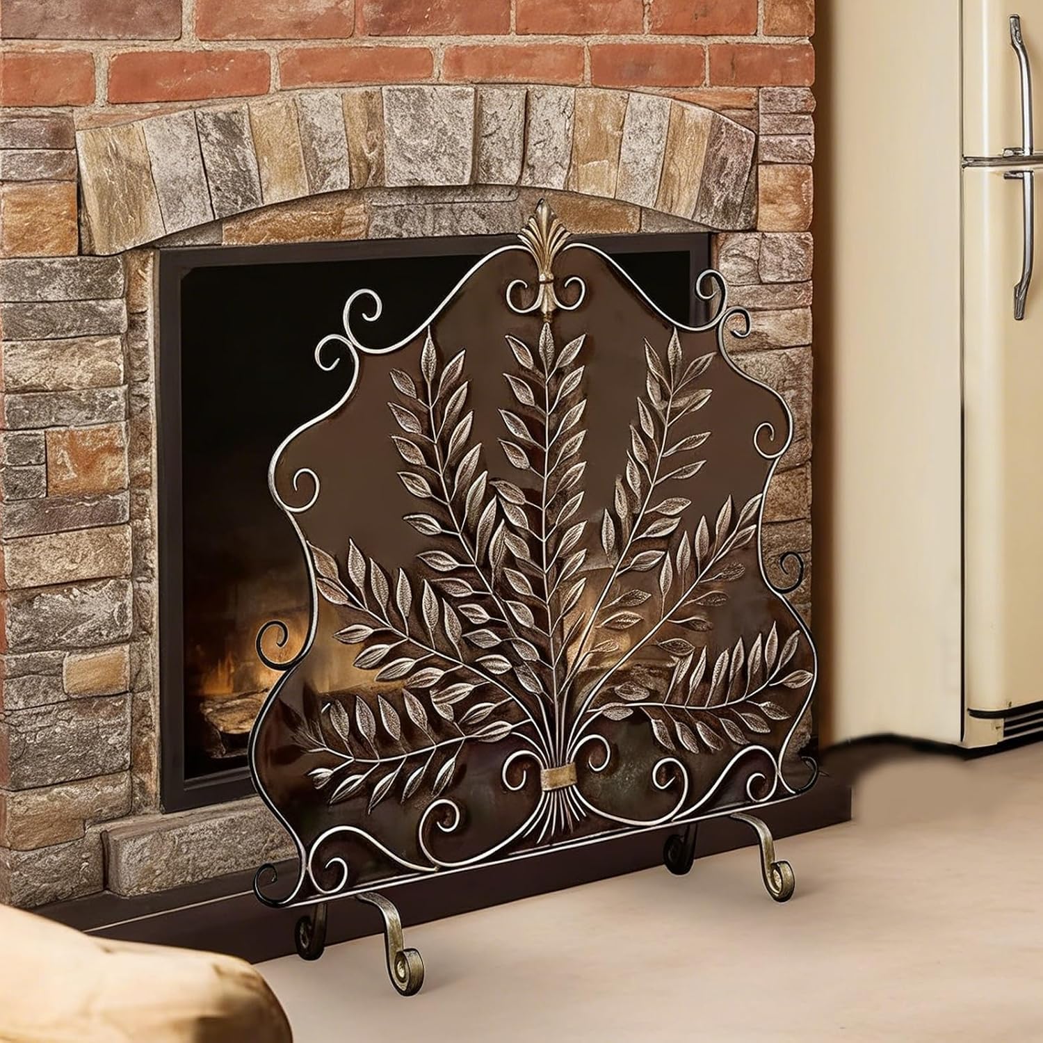 JNTFNE Fire Screen Iron Fireplace for Wood Burning Stove | Stove, Antique Gold Fireguard with Leaf Pattern, Vintage Indoor Outdoor Sp