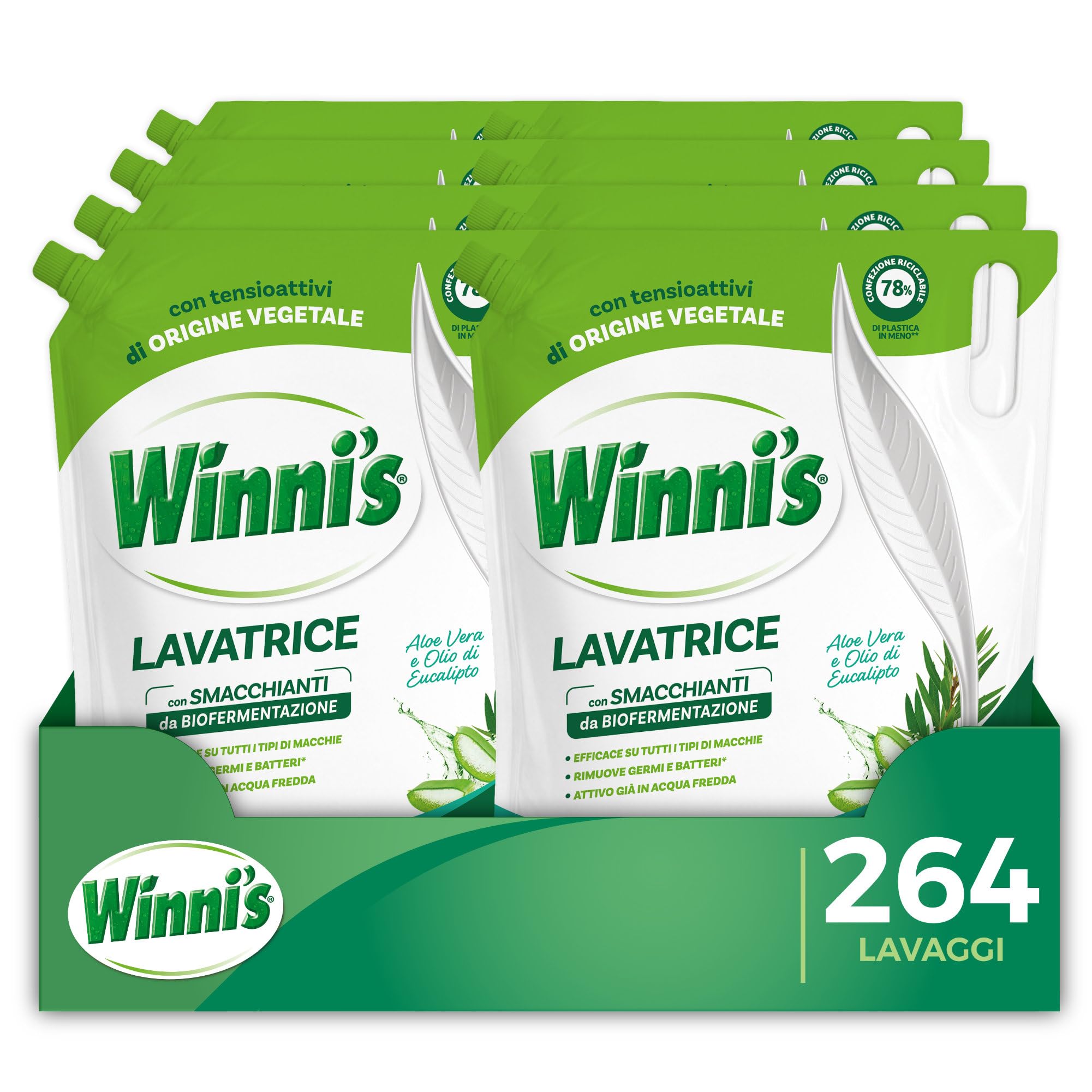 Winni's - Detersivo Lavatrice Igienizzante Ipoallergenico in Ecoformato, 264 Lavaggi, con Smacchianti Naturali da Biofermentazione, Con Materie Prime Vegetali, 1485 ml x 8 Confezioni