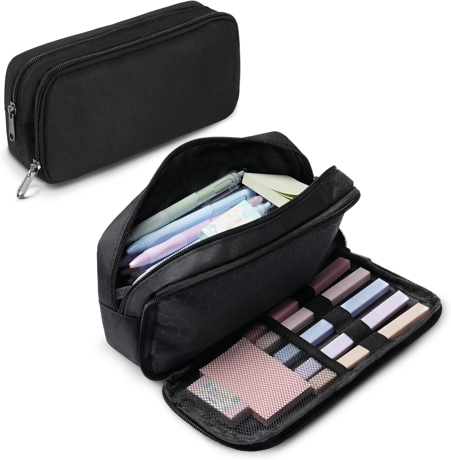 Large Capacity Pencil Case, 2 Compartment Pencil Pouch for Boys, Oxford Cloth Pen Bag for Teens|Girls, Back to School Supplies (Black)