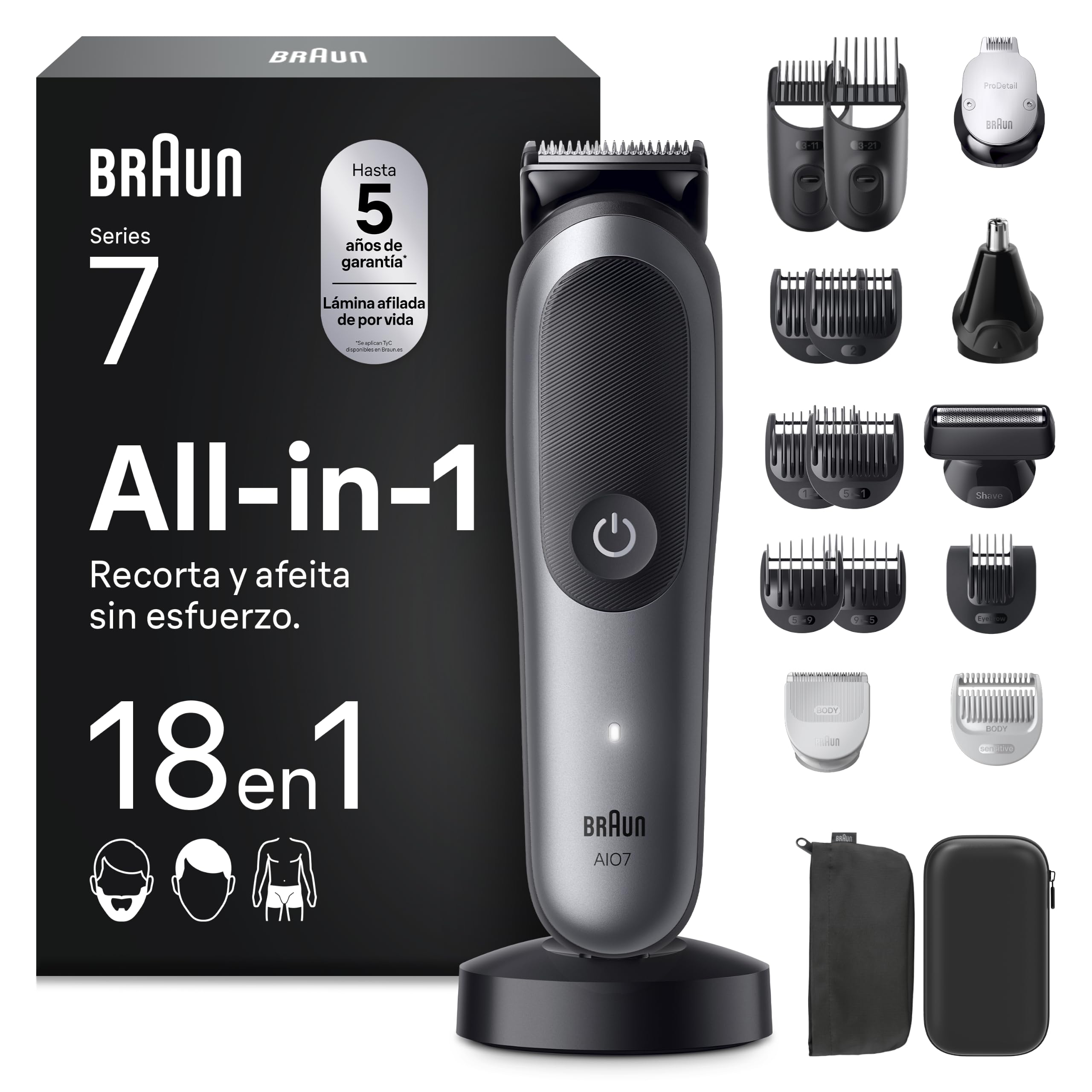 Braun Recortadora Todo en Uno Series 7 AIO7585, Gris - Kit de Styling 18en1 para Barba, Pelo, Orejas, Nariz Y Cuerpo, 120 Min de Autonomía, Cortapelos Hombre con Lámina Ultra Afilada