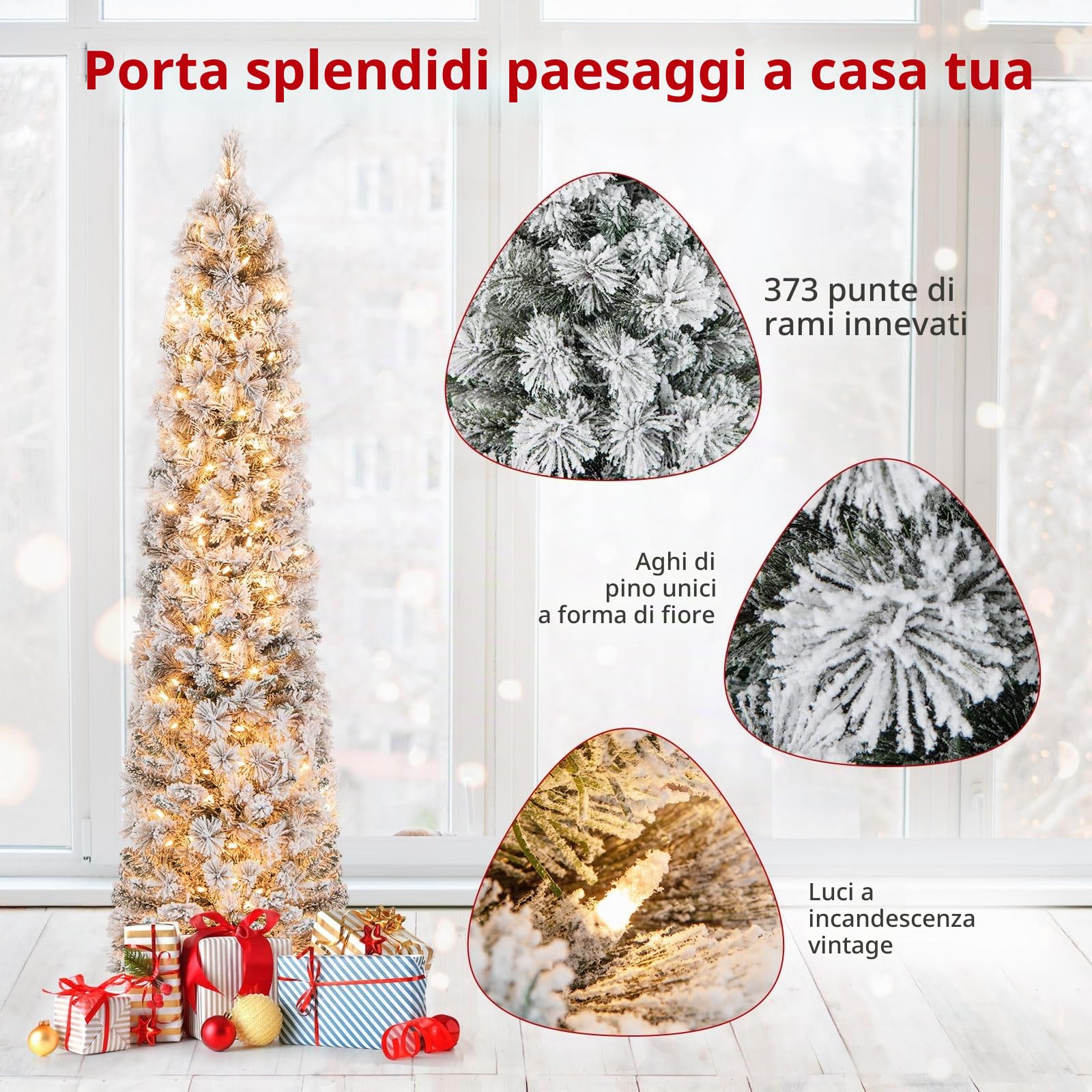 REALAX4LIFE Albero di Natale Slim 180 cm, Albero di Natale Innevato con 150 Luci LED, Rami a Ombrello, Dcorazione per le Feste