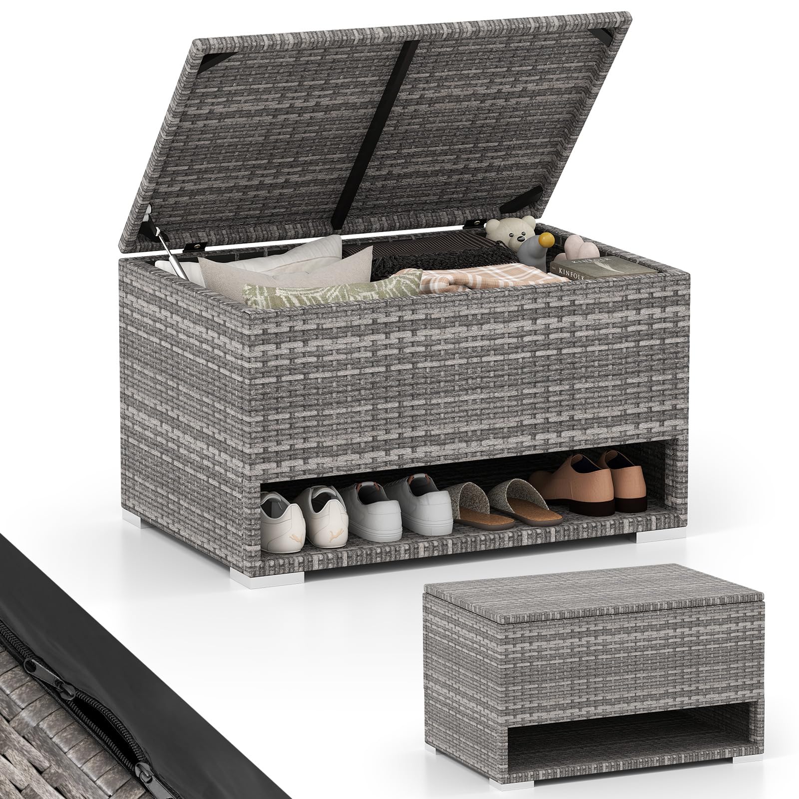 COSTWAY Baule da Giardino 186 L, Panca Contenitore in Rattan con Scarpiera, Rivestimento Protettivo, Organizzatore per Cuscini, Accessori Piscina, Attrezzi da Giardino (Grigio)