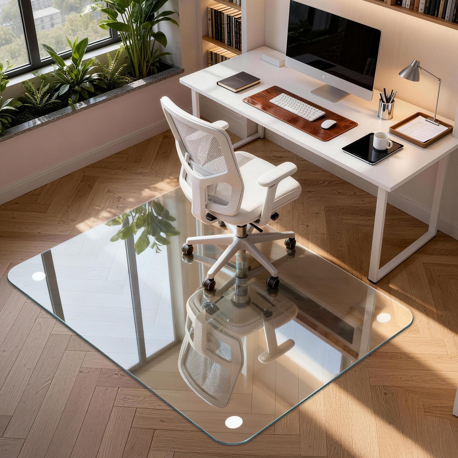 Winado 46"x55" Ultra-Clear Tempered Glass Chair Mat, 0.2" Thick Heavy-Duty Scratch-Resistant Floor Protector with Non-Slip Pads & Rounded Polished Edges, for Hardwood Floor and Carpets Office Home Use
