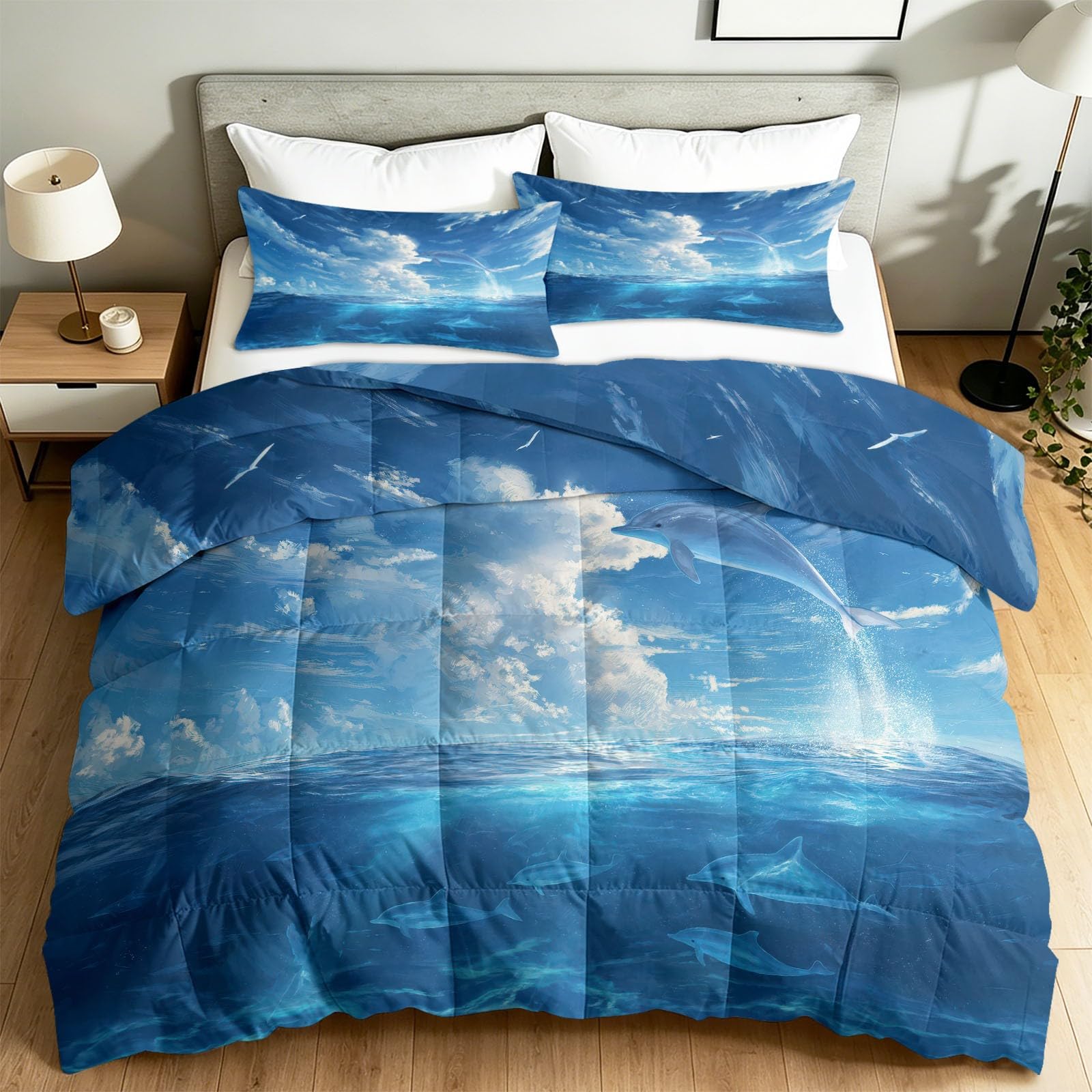 4 Jahreszeiten Bettdecke ohne Bezug 200 x 220 cm Minimalistisch Landschaft Himmel Meer Tier Delfin Mikrofaser Steppdecke + 2 Kissenbezüge, Atmungsaktiv Schlafdecke für Erwachsene & Teenager, Blau