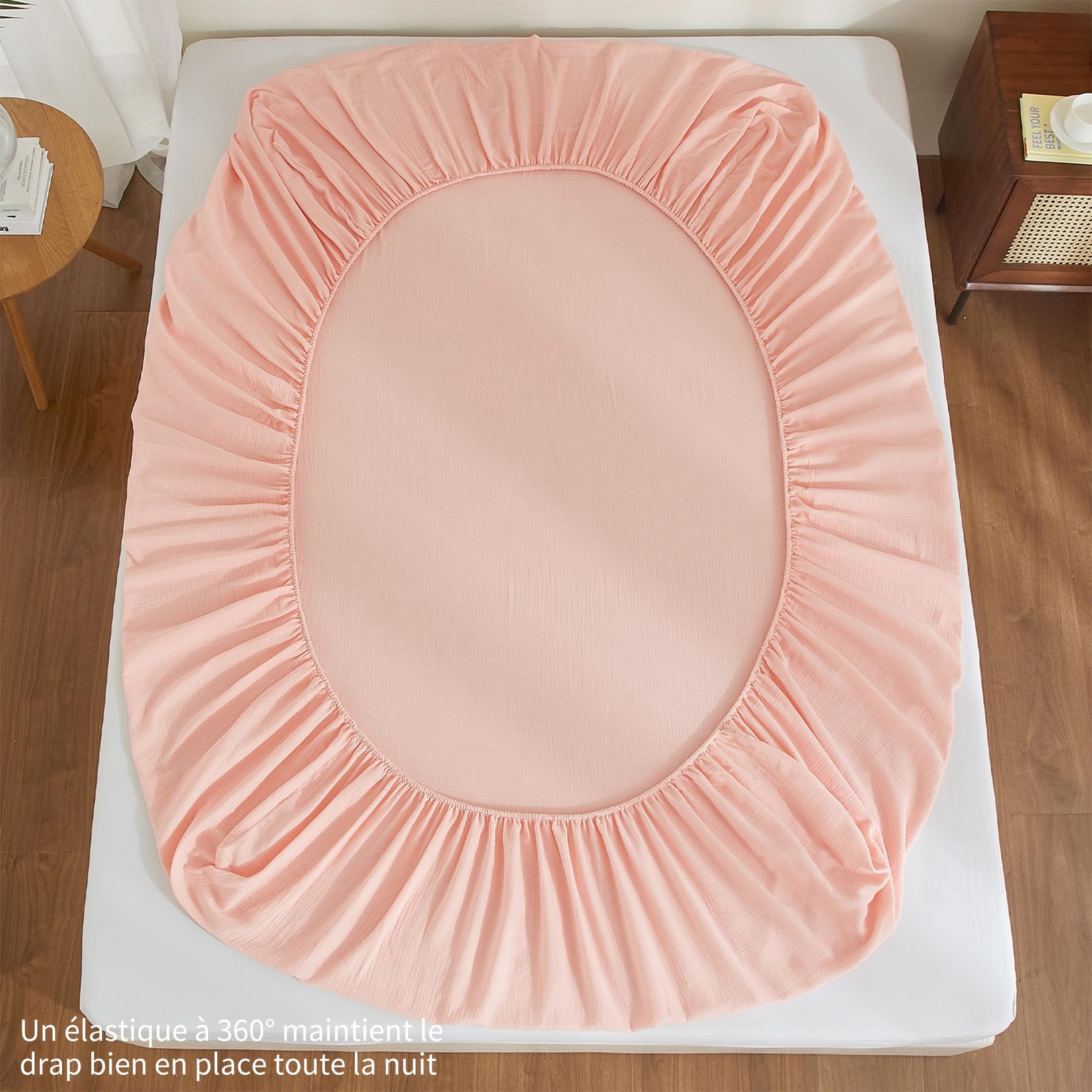 Drap Housse 140x190 Coton Rose Bonnet 30 cm Drap Housse 140x190 Double en Gaze de Coton Super Doux Confortable Respirant Drap de lit pour Matelas Épais, Certifié Oeko-Tex
