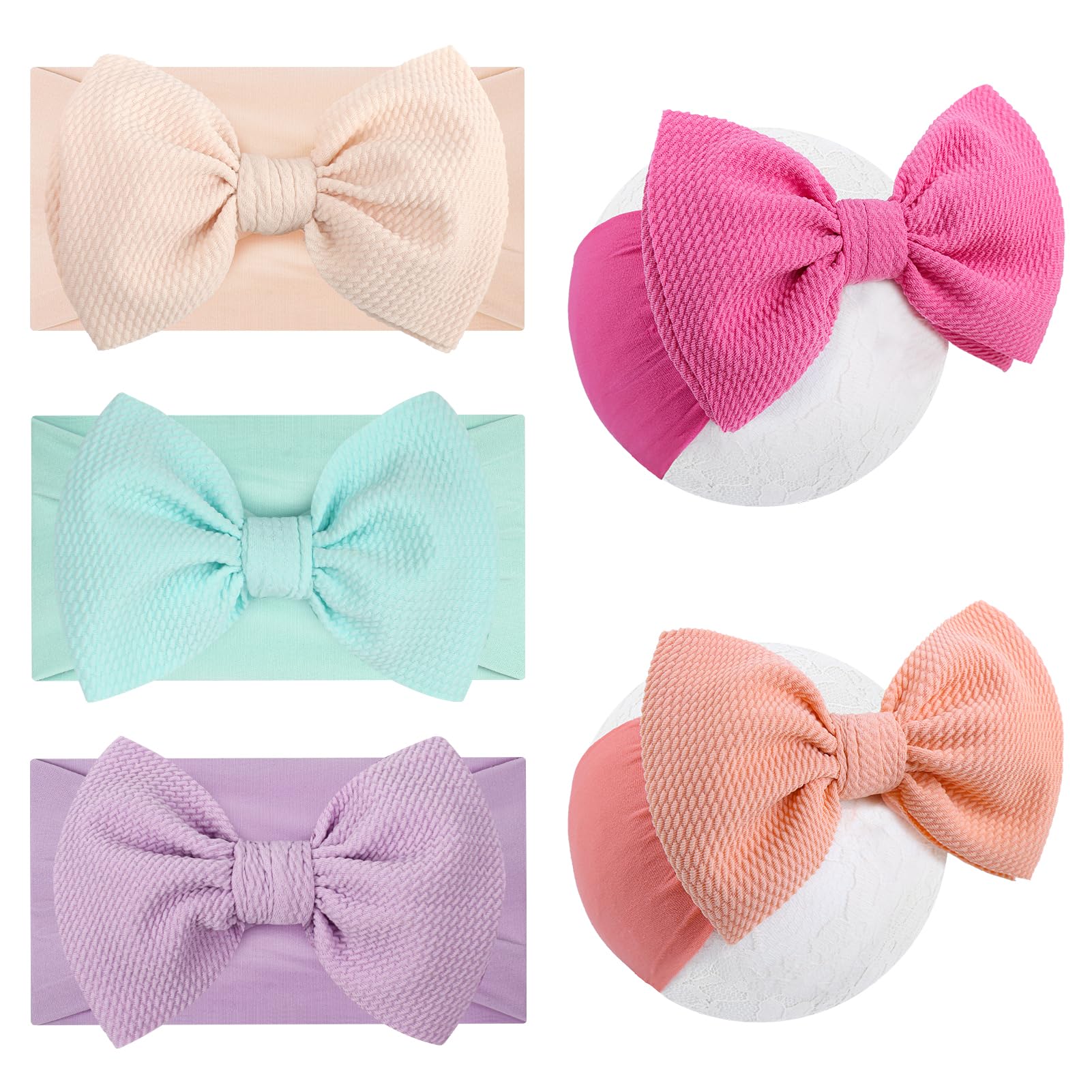 Lanmerry 5Pcs Soft Stretchy Baby Girl Headbands 6’’ Nylon Hair Bows for Girls Toddler Hair Accessories Newborn Infant Headband Bows